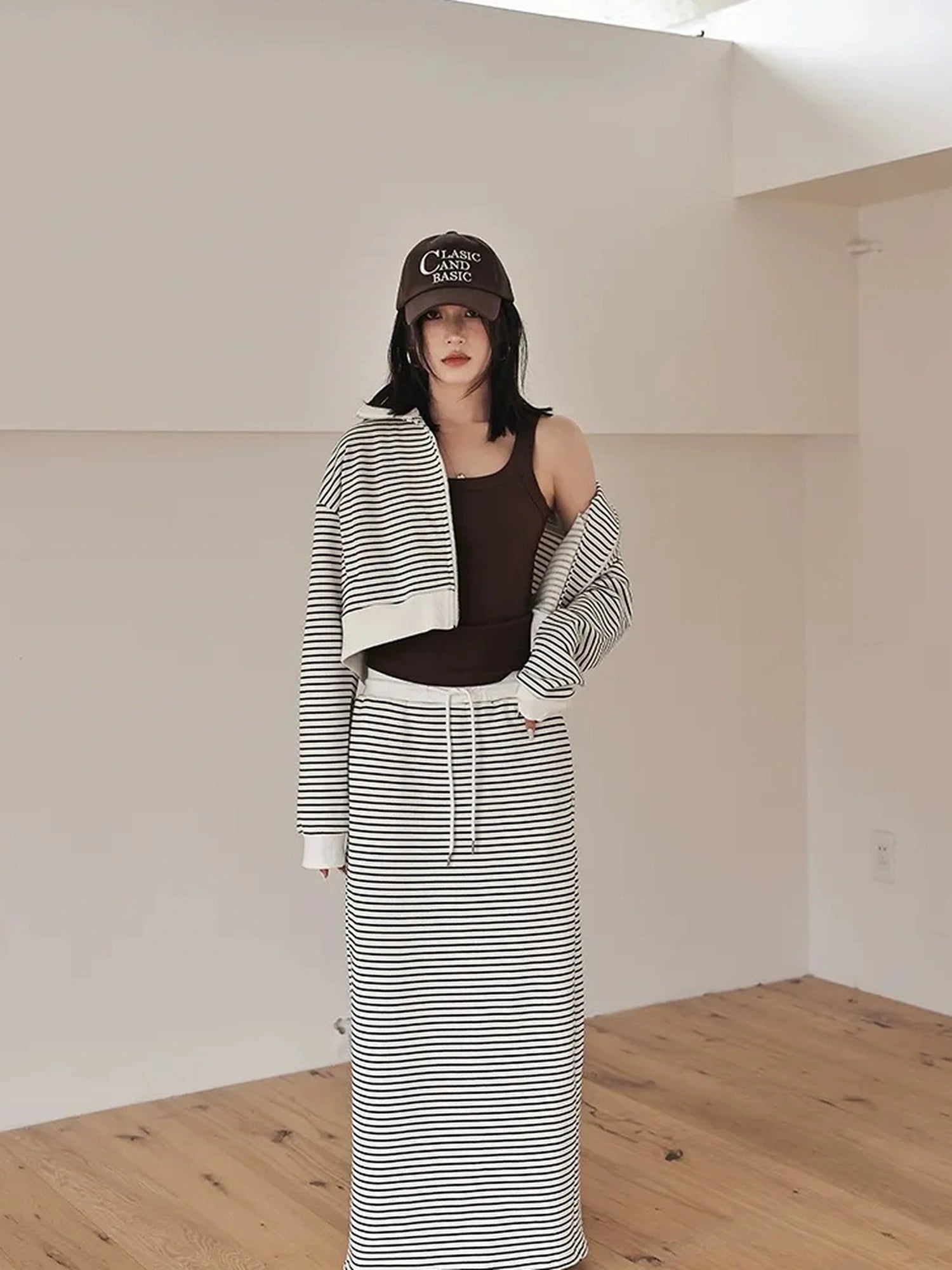 FU FRESH UP French Stripe Zip Up Set With A Line Skirt