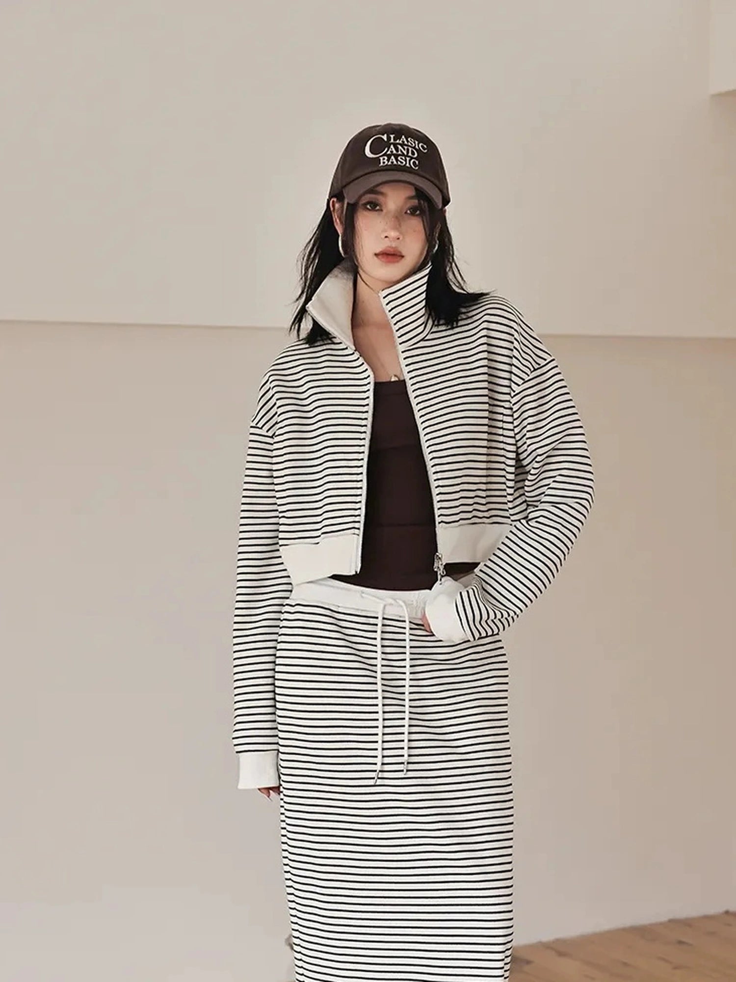 FU FRESH UP French Stripe Zip Up Set With A Line Skirt