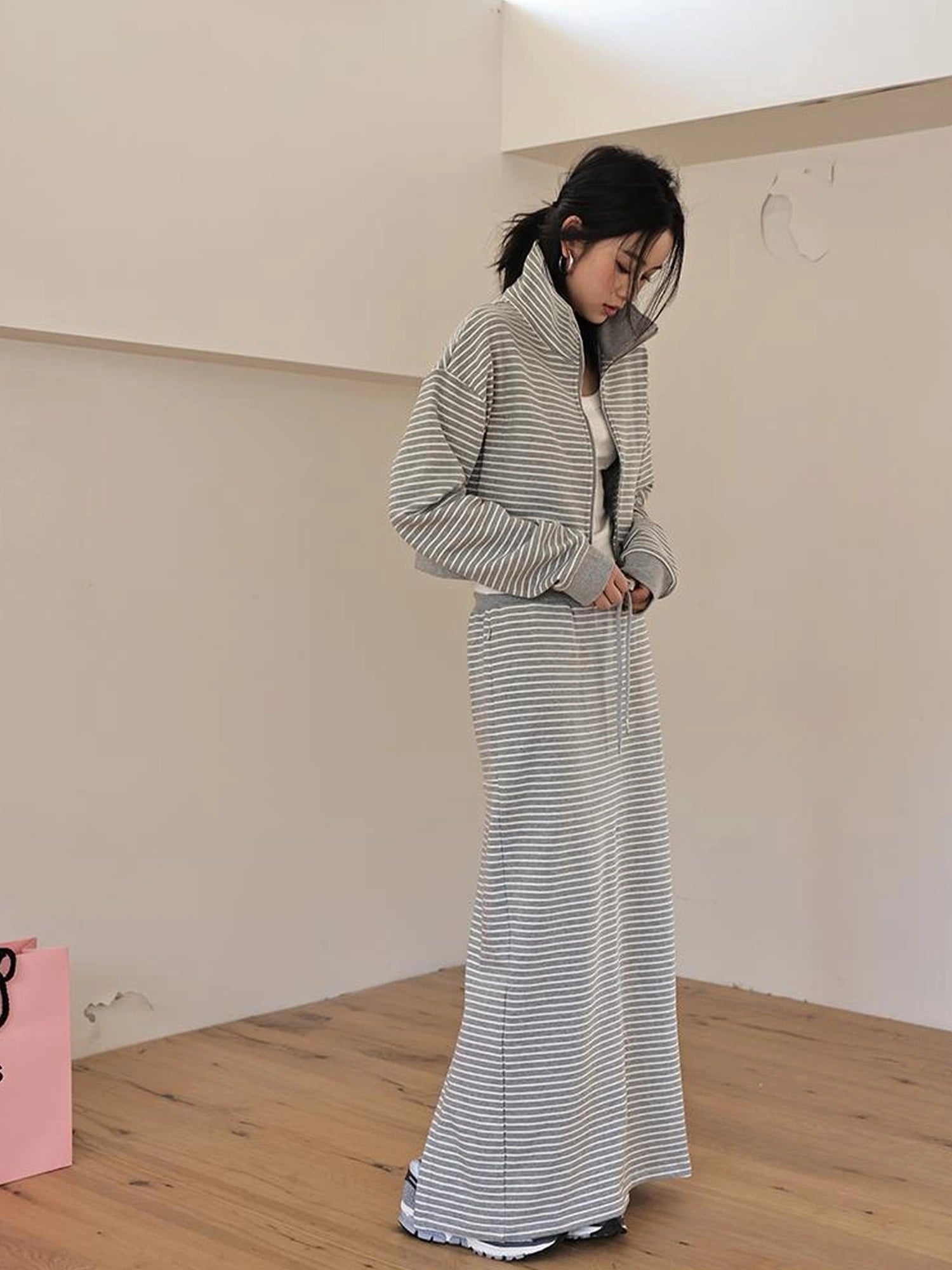 FU FRESH UP French Stripe Zip Up Set With A Line Skirt