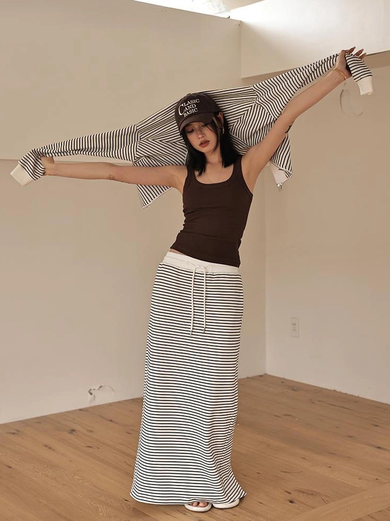FU FRESH UP French Stripe Zip Up Set With A Line Skirt