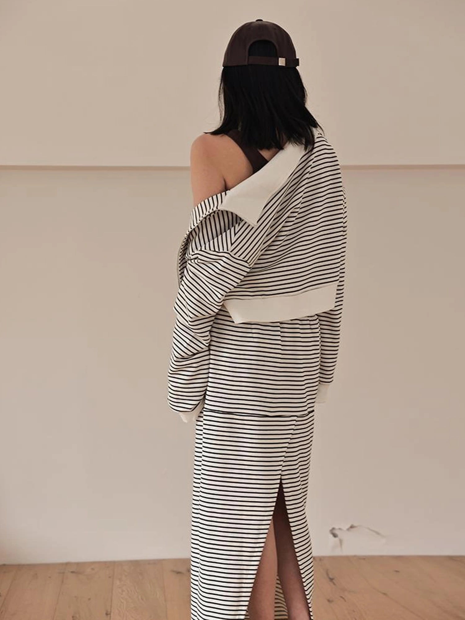 FU FRESH UP French Stripe Zip Up Set With A Line Skirt