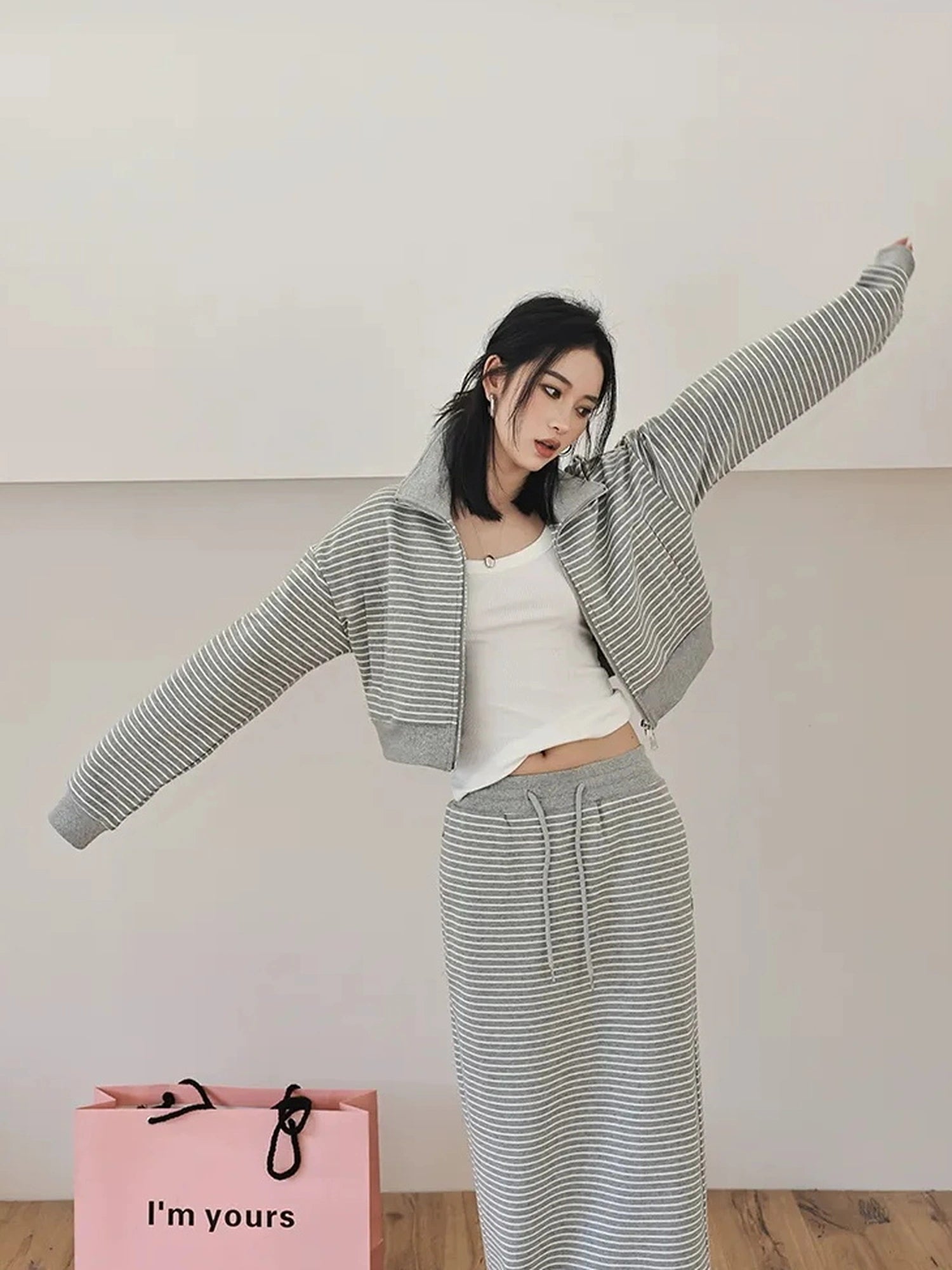 FU FRESH UP French Stripe Zip Up Set With A Line Skirt
