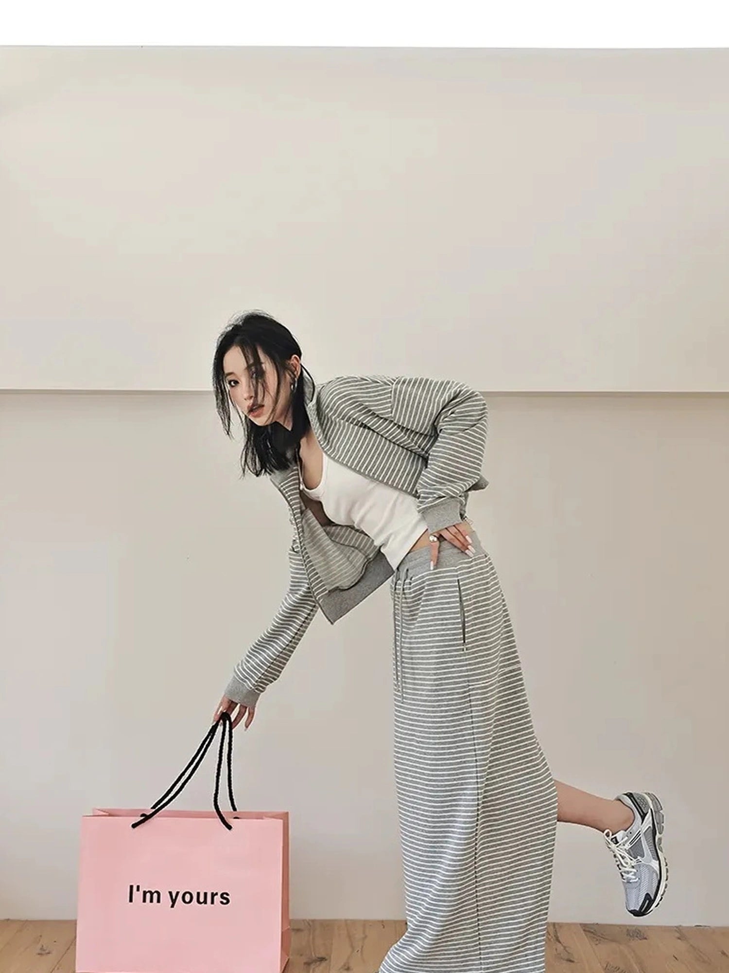 FU FRESH UP French Stripe Zip Up Set With A Line Skirt