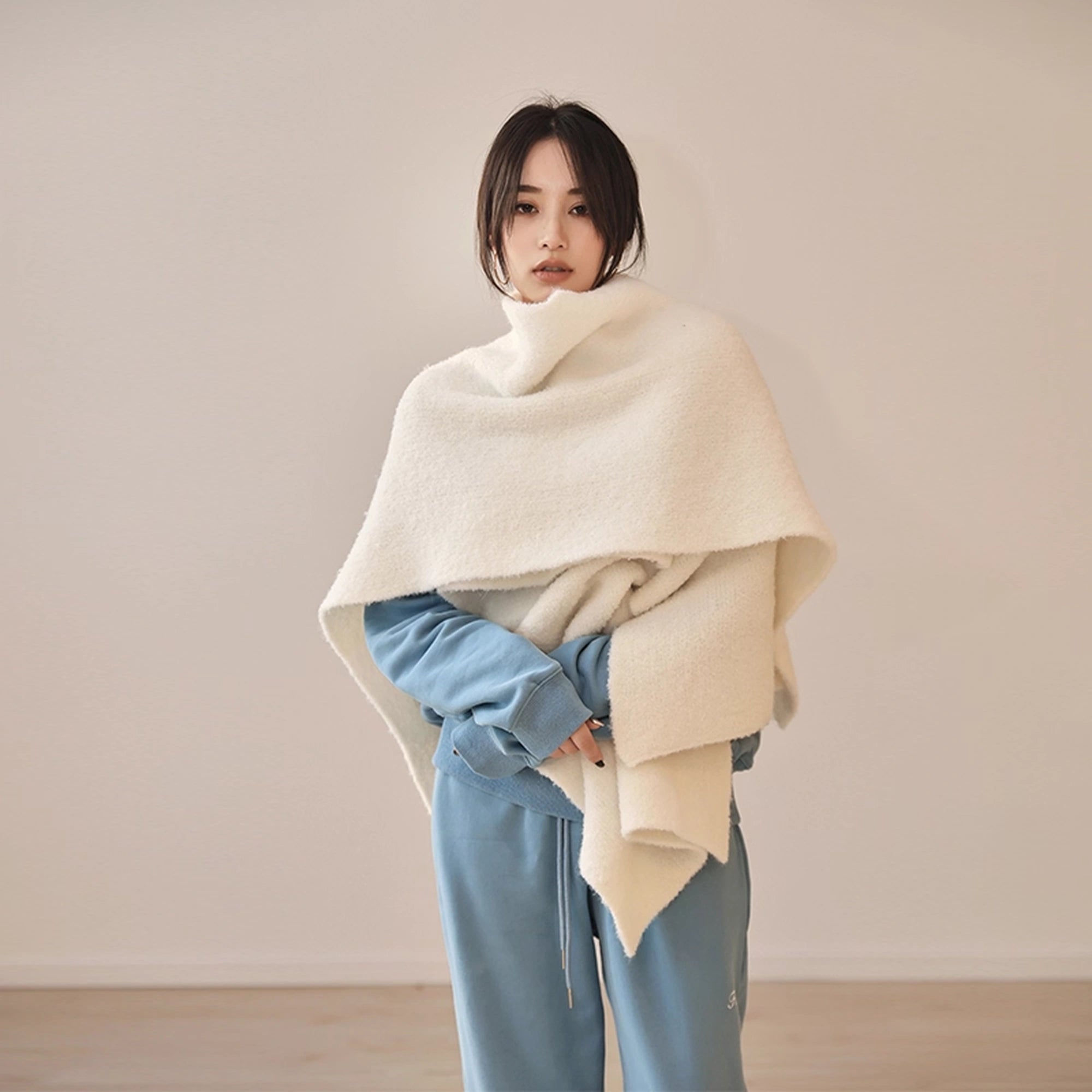 FU_FRESH_UP_French_Style_Loop_Yarn_Cape_Scarf_Shawl_V-neck_T-shirt_Long_Sleeve_MISSTT