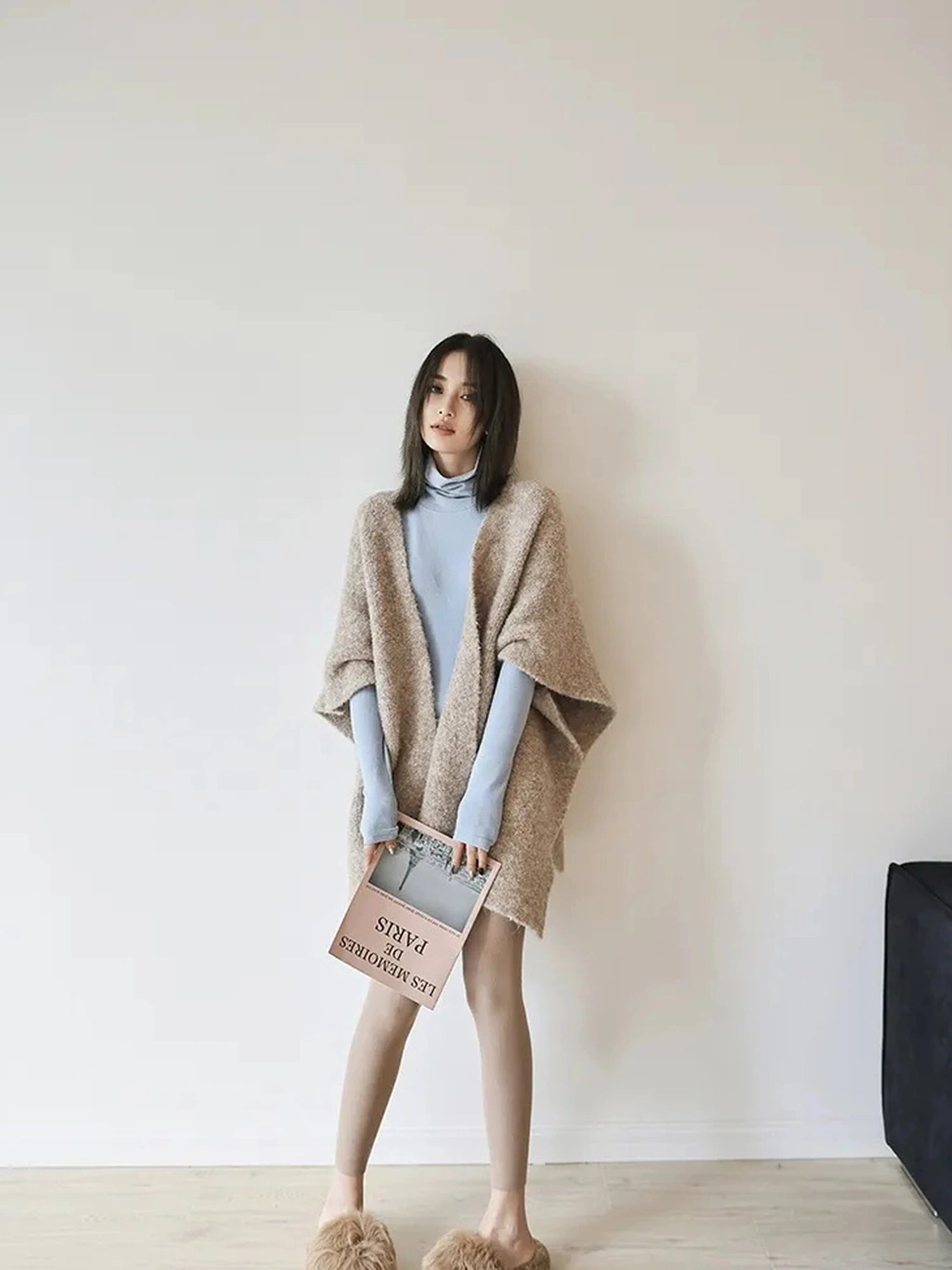 FU FRESH UP French Style Loop Yarn Cape Scarf Shawl V-neck T-shirt Long Sleeve