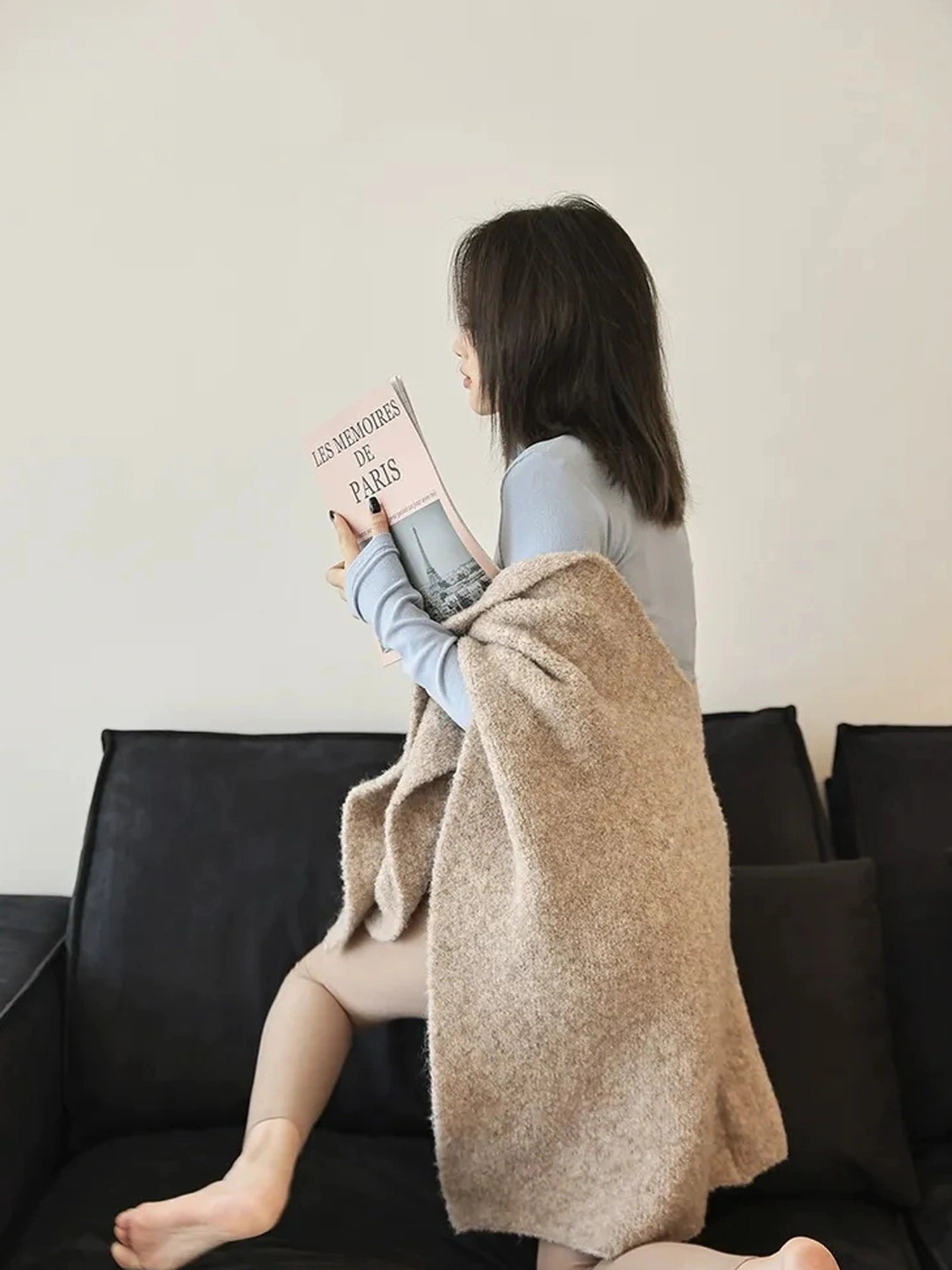 FU FRESH UP French Style Loop Yarn Cape Scarf Shawl V-neck T-shirt Long Sleeve