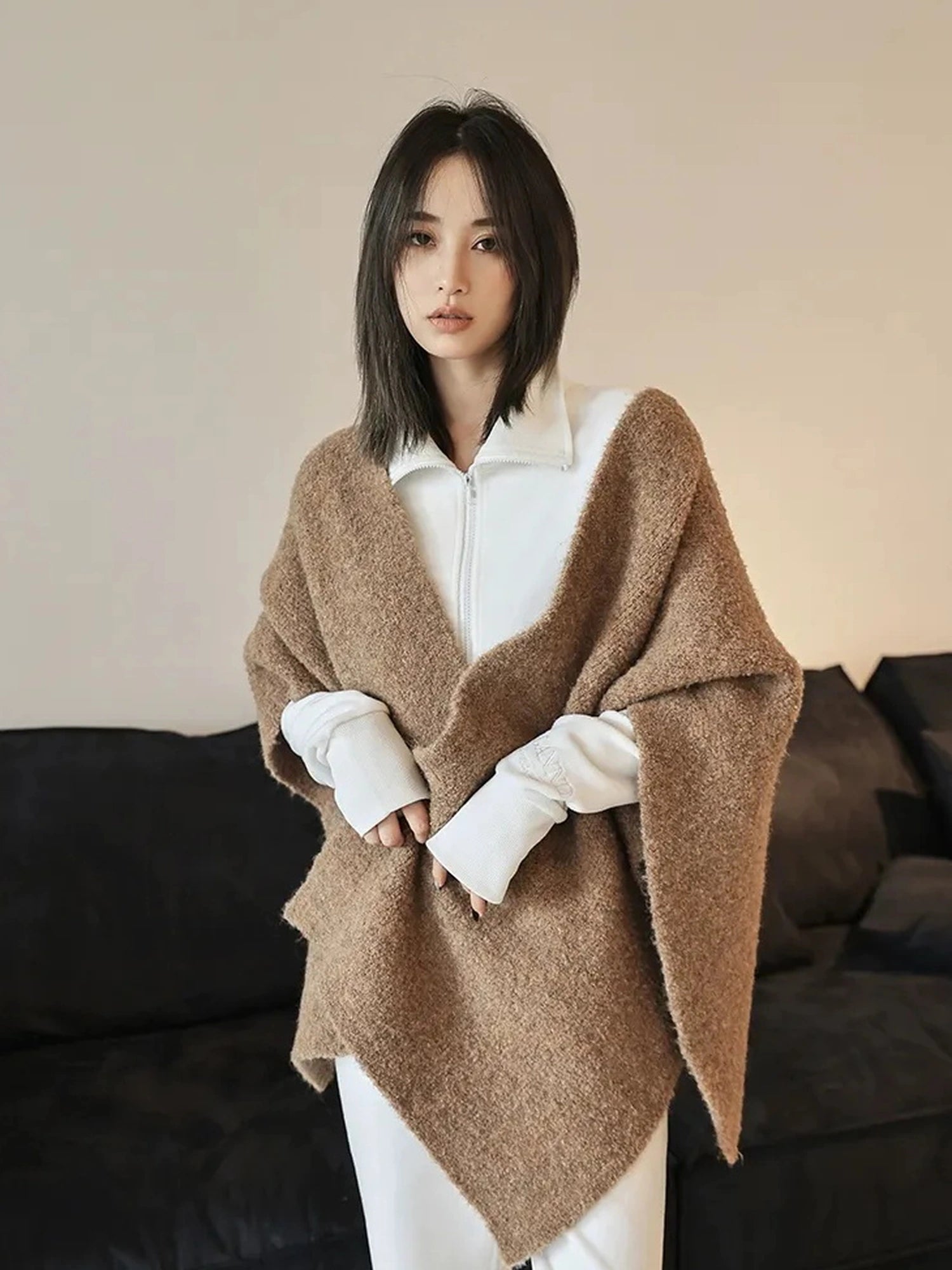 FU FRESH UP French Style Loop Yarn Cape Scarf Shawl V-neck T-shirt Long Sleeve