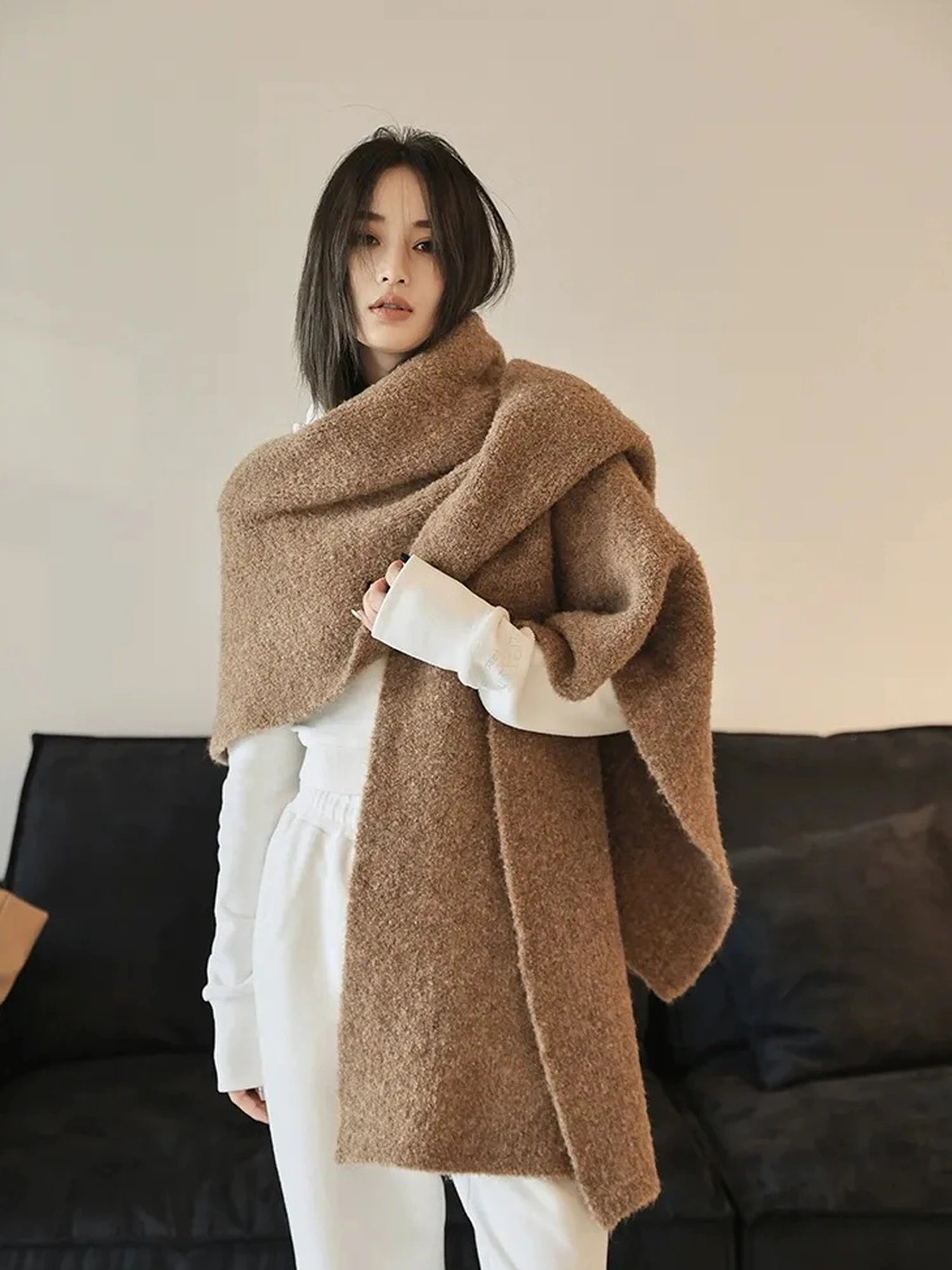 FU FRESH UP French Style Loop Yarn Cape Scarf Shawl V-neck T-shirt Long Sleeve