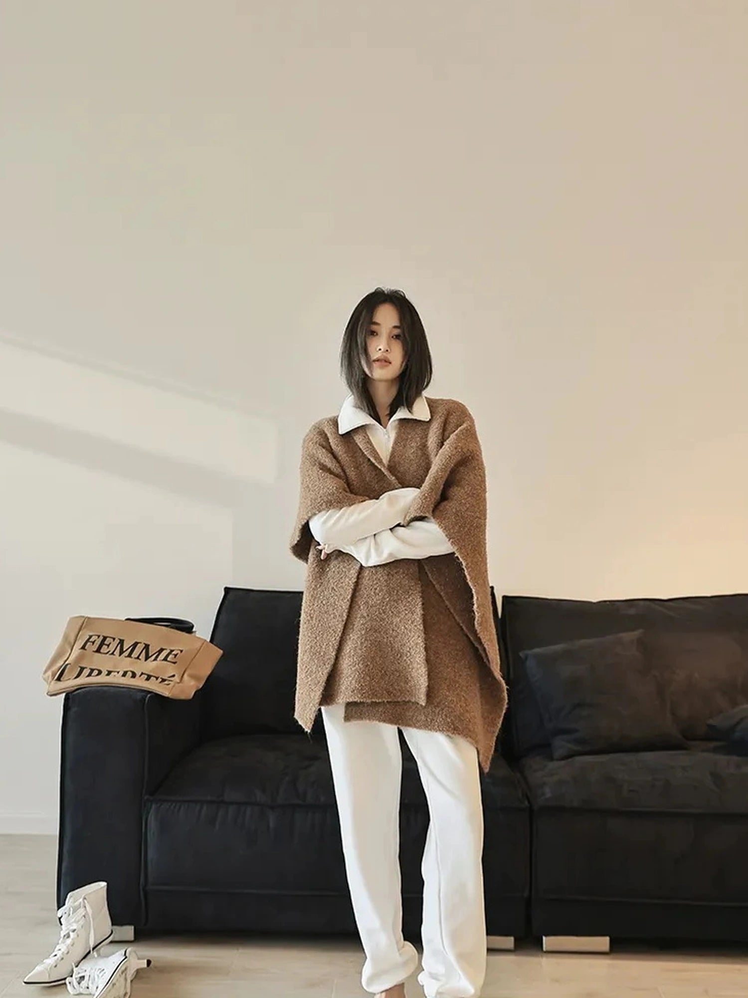 FU FRESH UP French Style Loop Yarn Cape Scarf Shawl V-neck T-shirt Long Sleeve