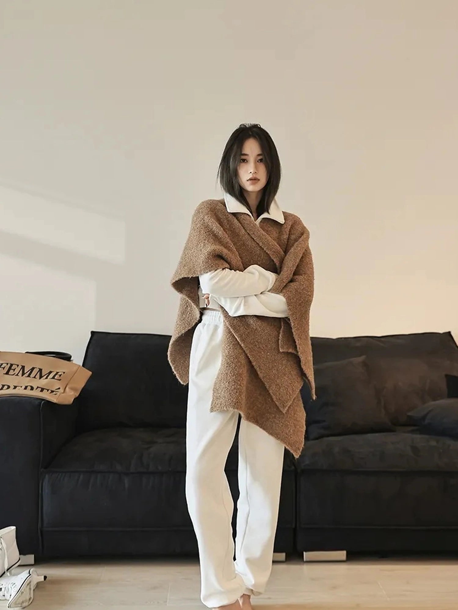 FU FRESH UP French Style Loop Yarn Cape Scarf Shawl V-neck T-shirt Long Sleeve