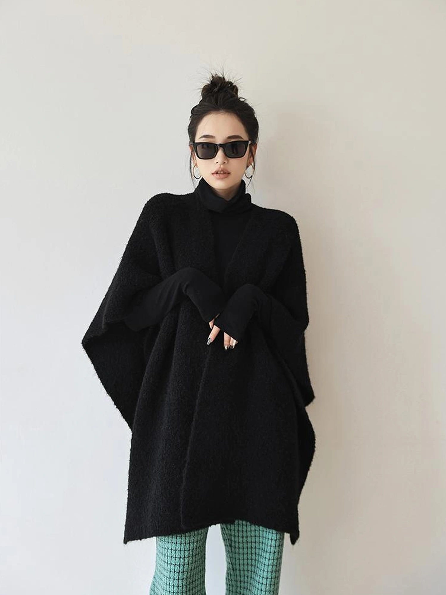 FU FRESH UP French Style Loop Yarn Cape Scarf Shawl V-neck T-shirt Long Sleeve