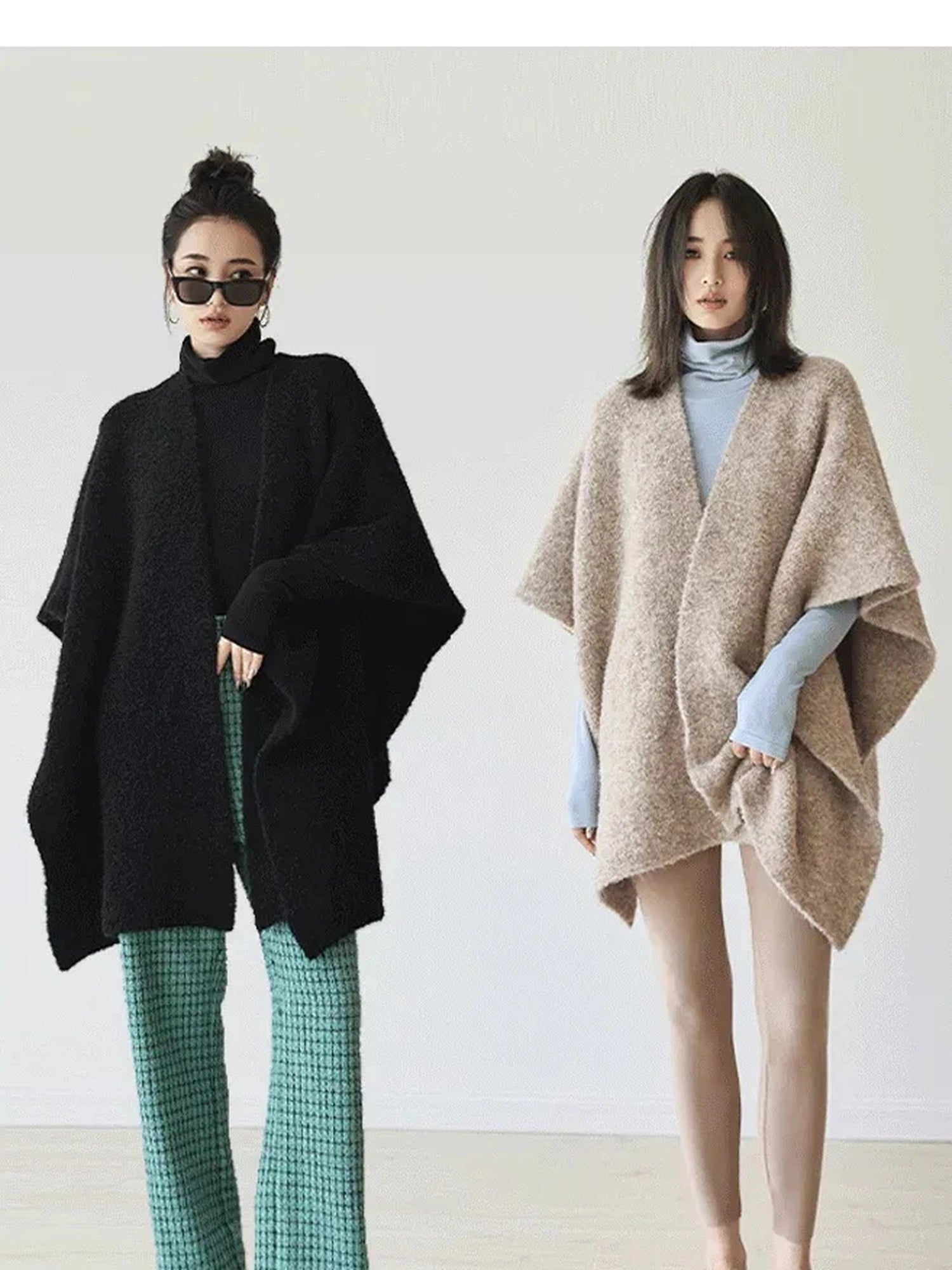 FU FRESH UP French Style Loop Yarn Cape Scarf Shawl V-neck T-shirt Long Sleeve