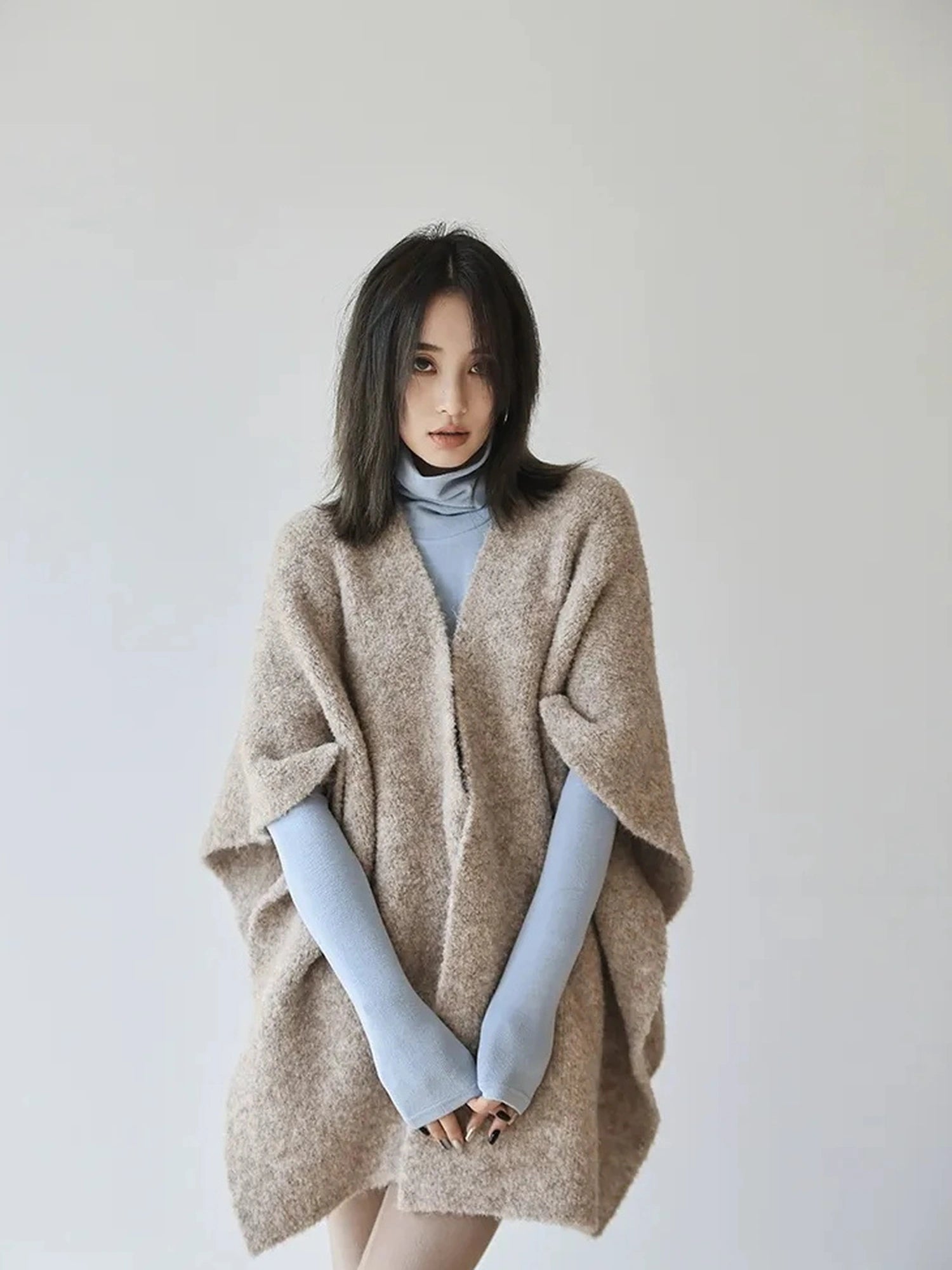 FU FRESH UP French Style Loop Yarn Cape Scarf Shawl V-neck T-shirt Long Sleeve