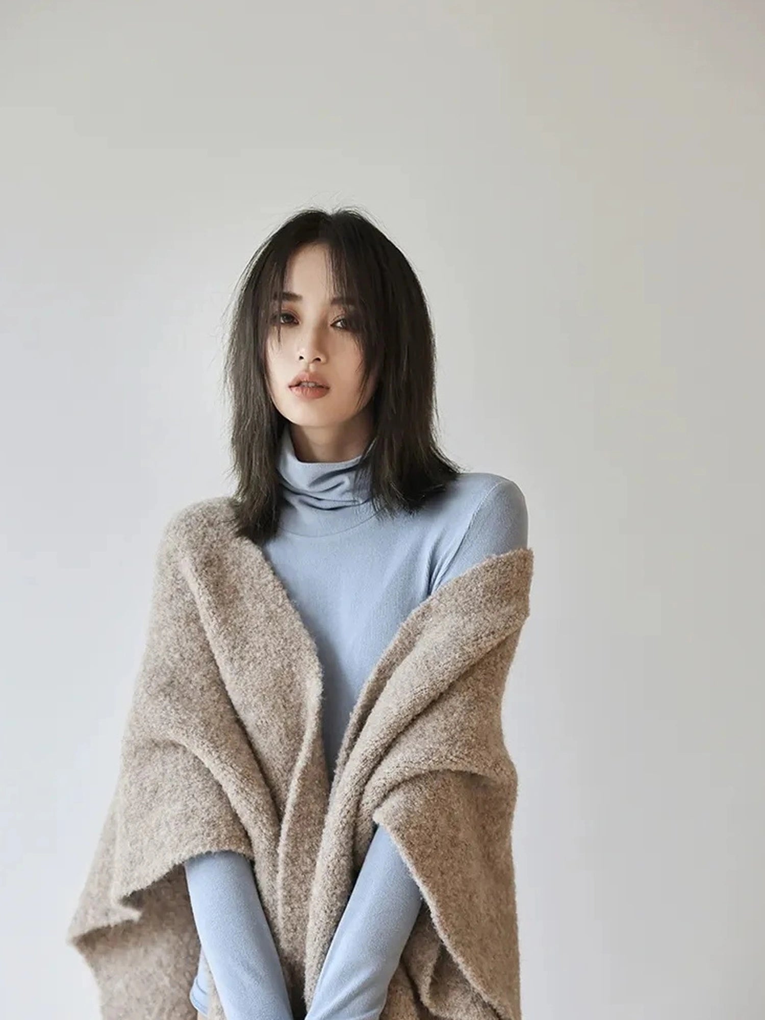FU FRESH UP French Style Loop Yarn Cape Scarf Shawl V-neck T-shirt Long Sleeve