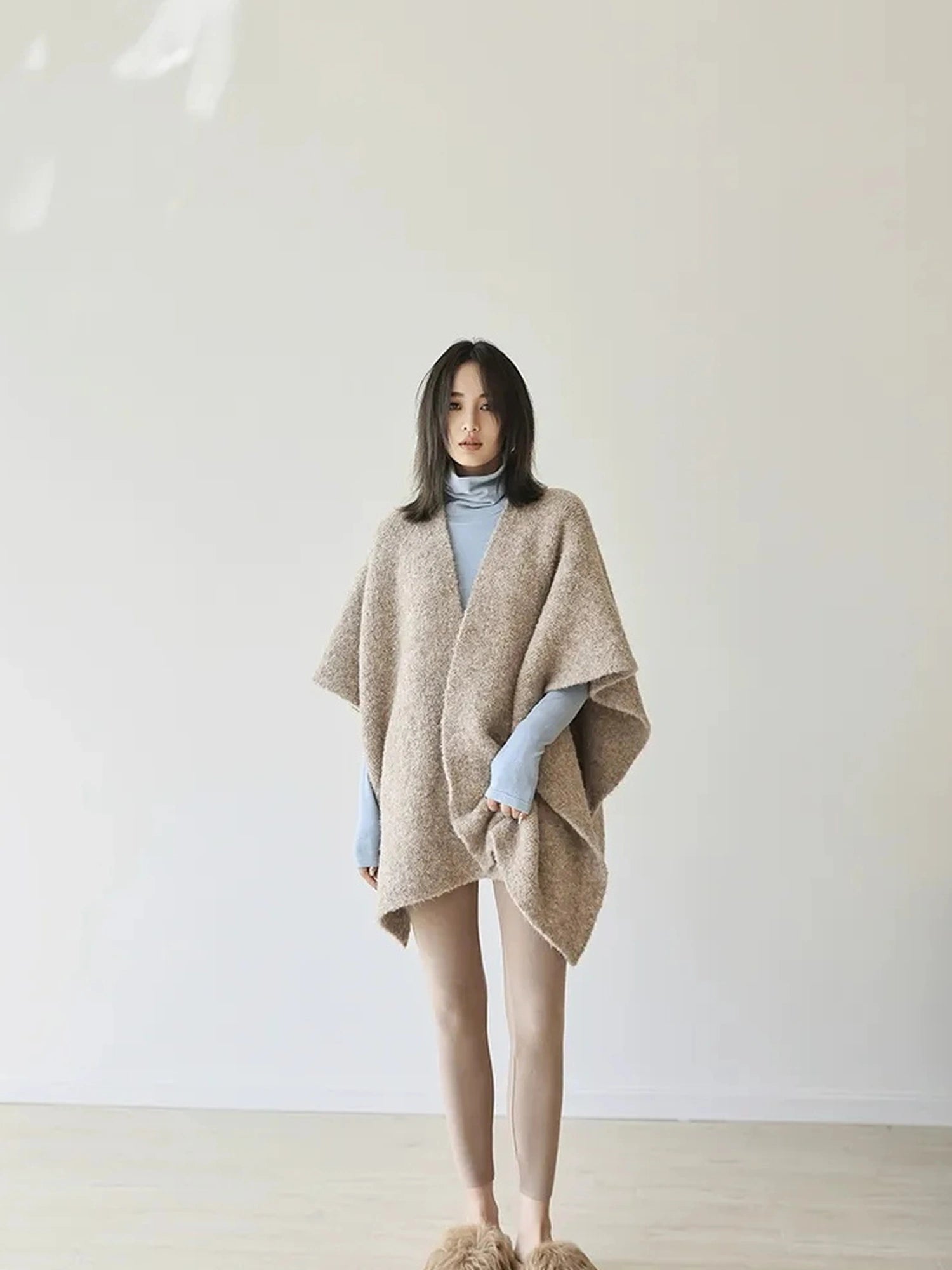 FU FRESH UP French Style Loop Yarn Cape Scarf Shawl V-neck T-shirt Long Sleeve