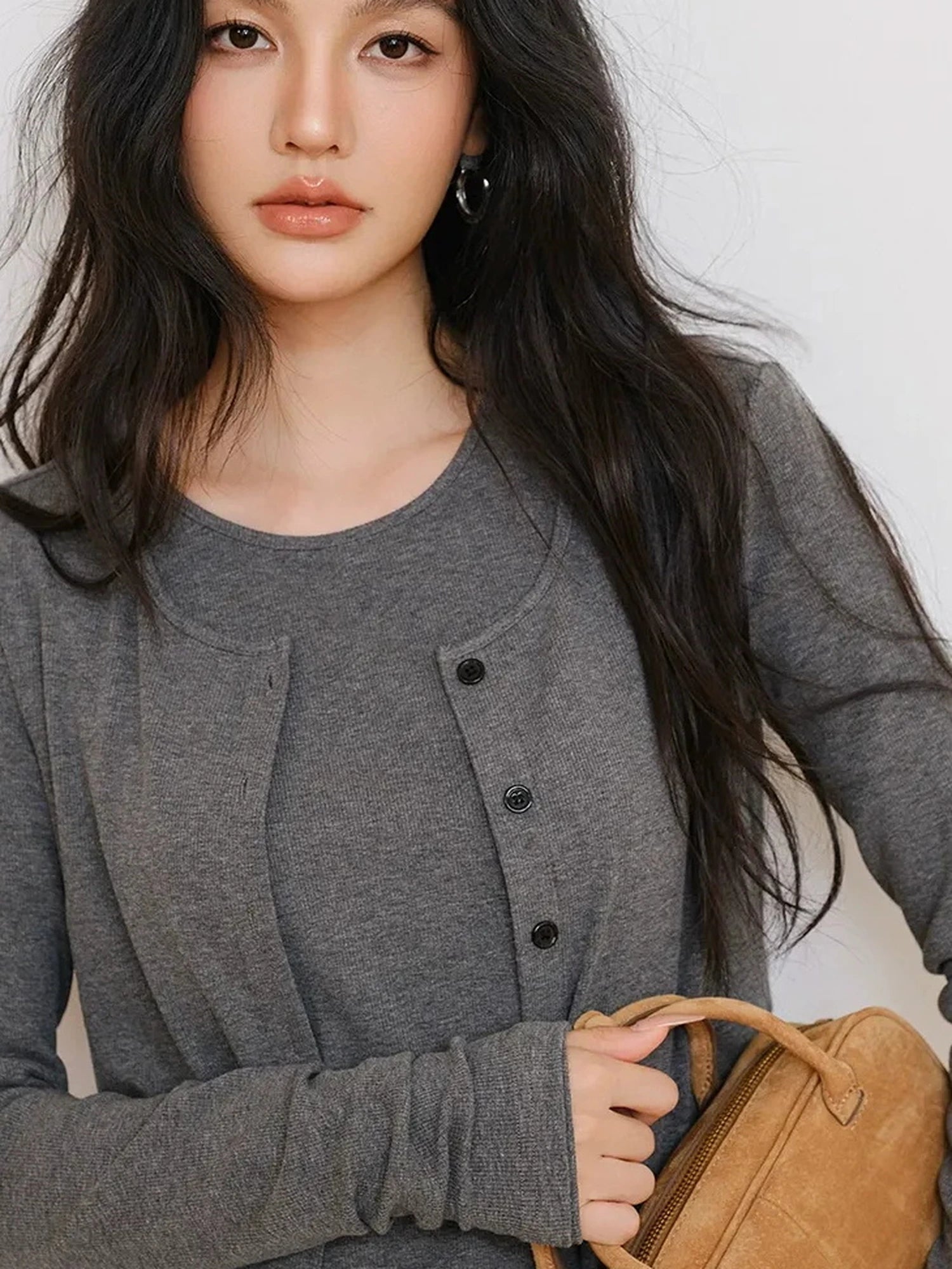 FU FRESH UP French Trim Knit Set V-neck T-shirt Long Sleeve