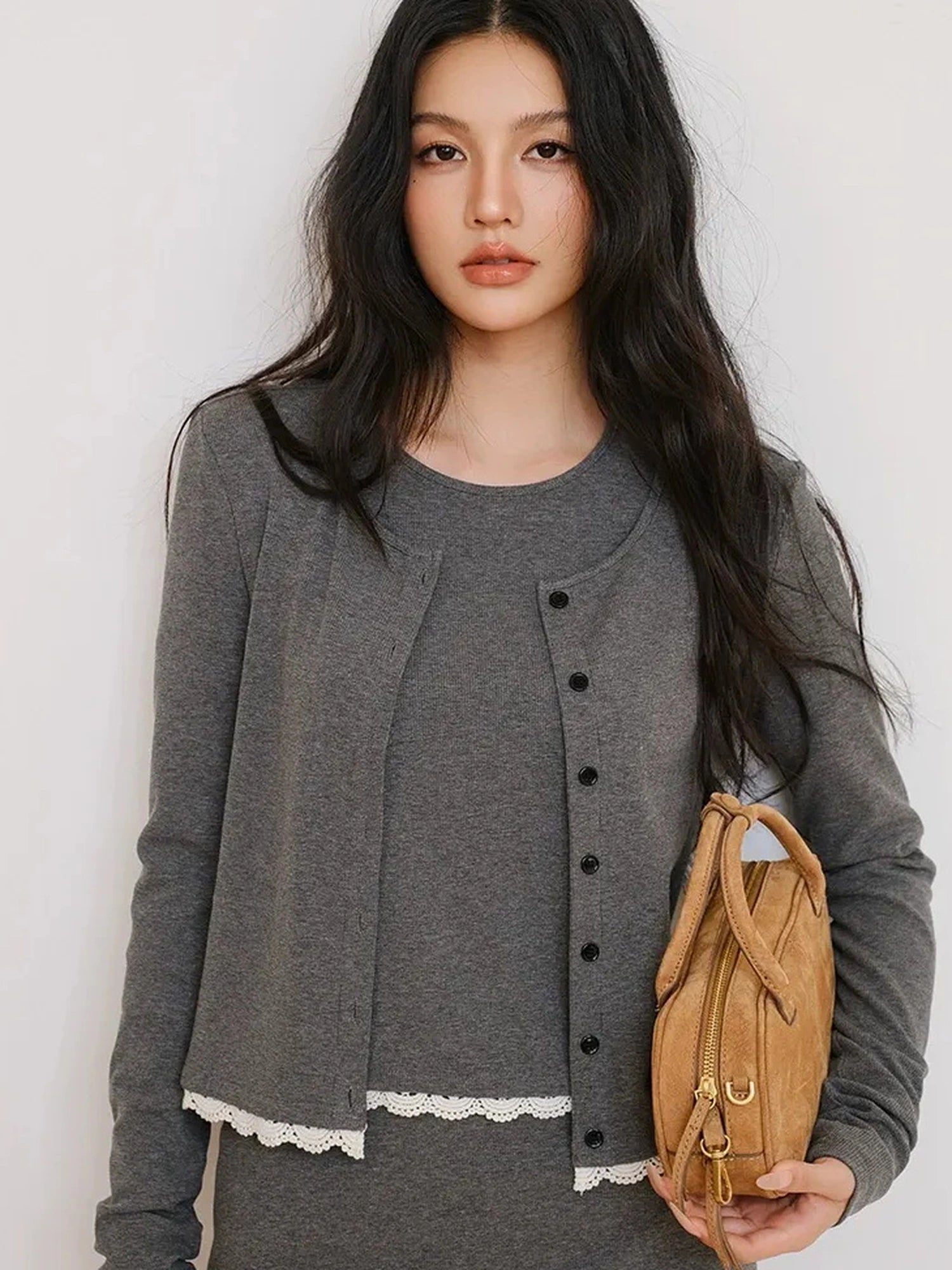 FU FRESH UP French Trim Knit Set V-neck T-shirt Long Sleeve