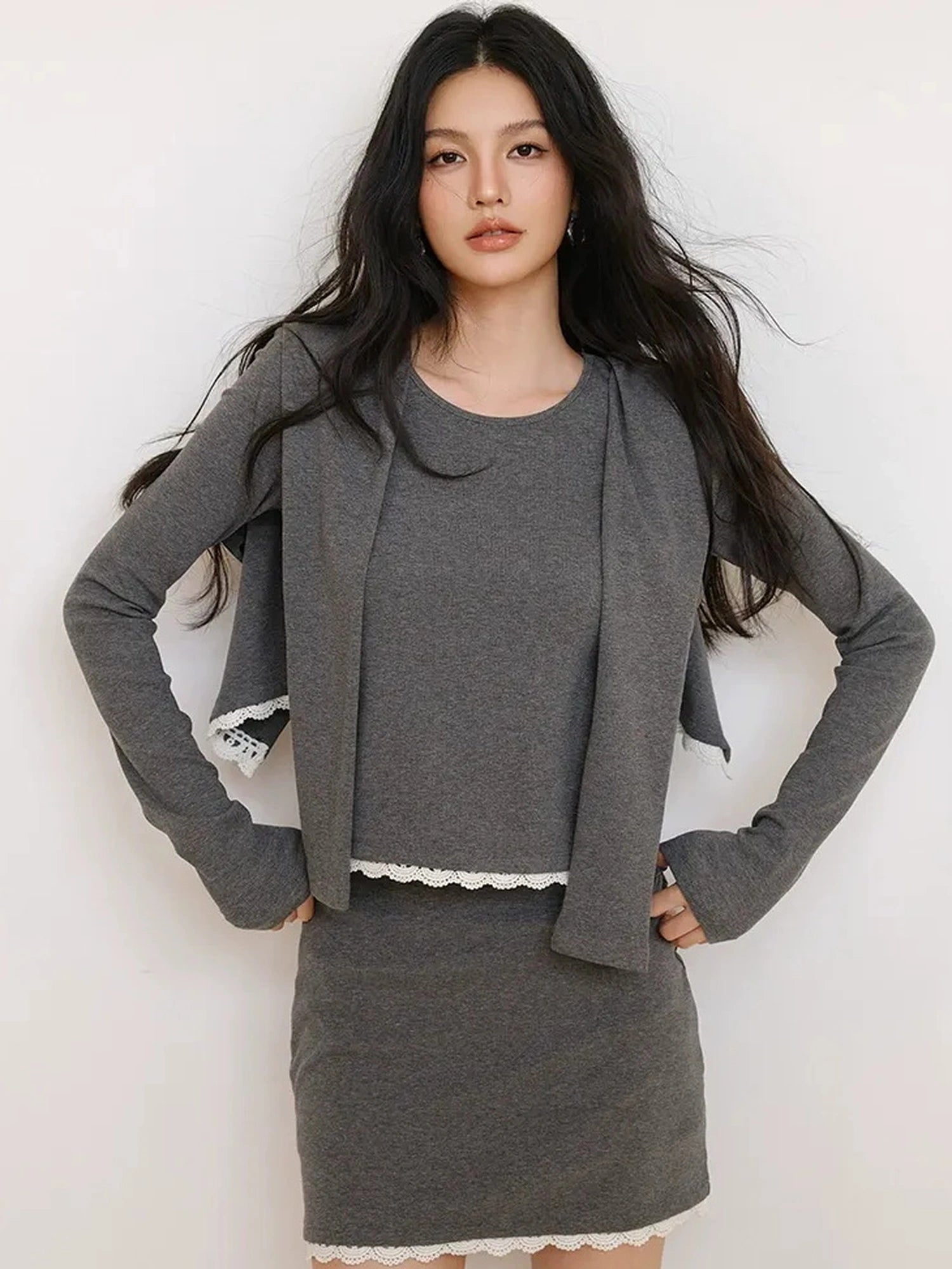 FU FRESH UP French Trim Knit Set V-neck T-shirt Long Sleeve