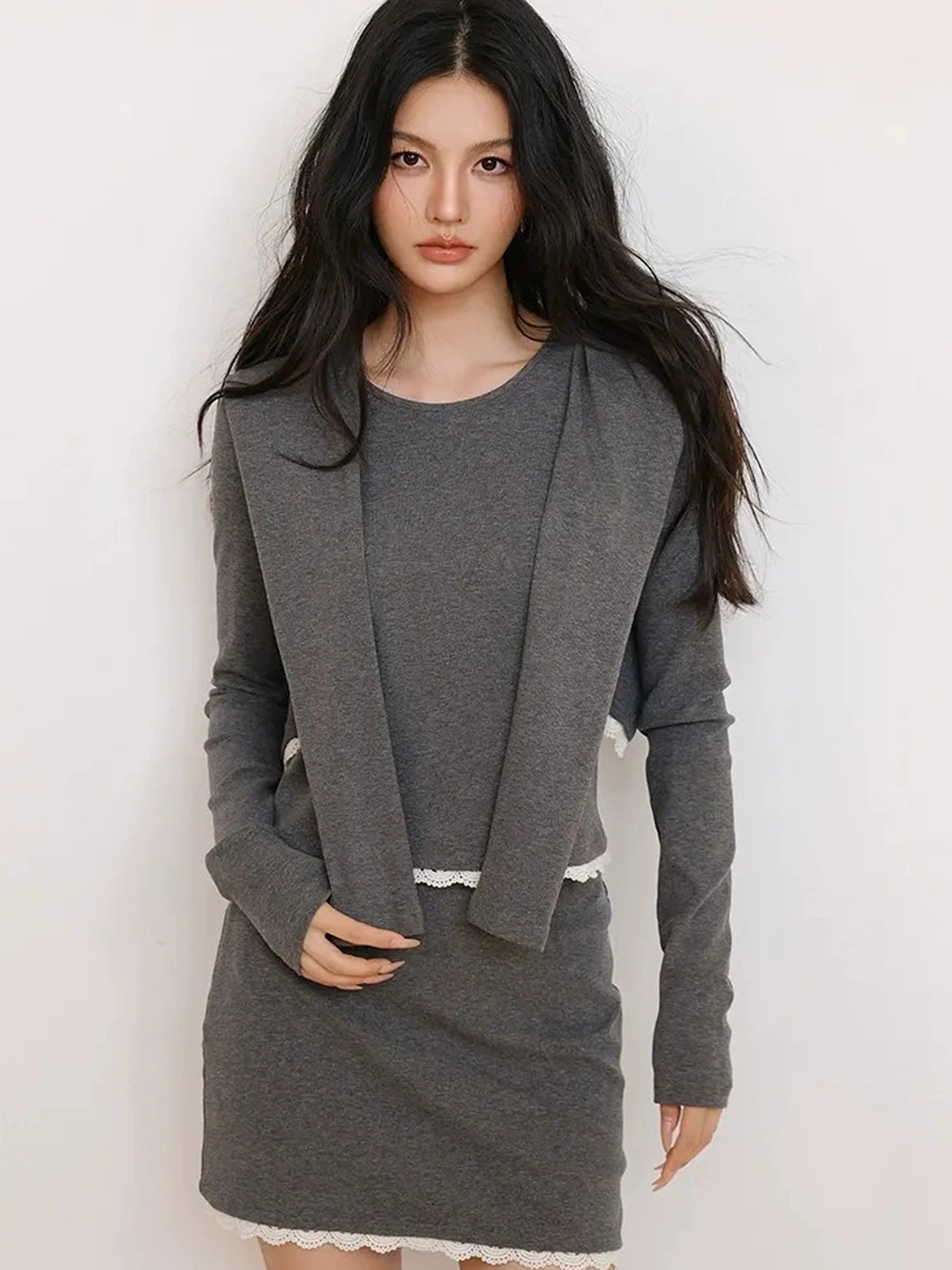 FU FRESH UP French Trim Knit Set V-neck T-shirt Long Sleeve
