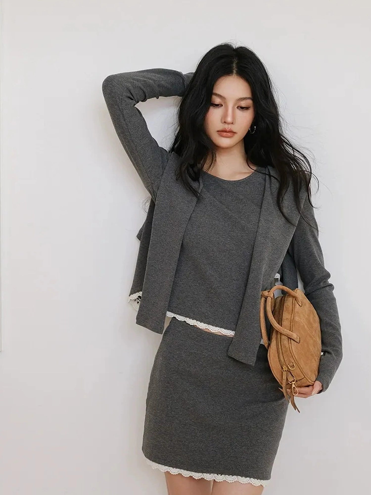FU FRESH UP French Trim Knit Set V-neck T-shirt Long Sleeve