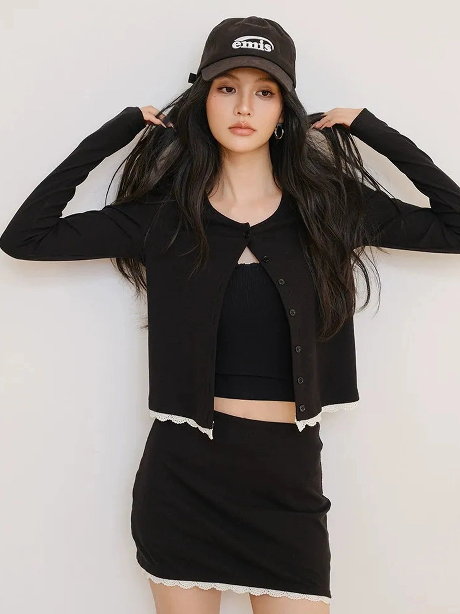 FU FRESH UP French Trim Knit Set V-neck T-shirt Long Sleeve