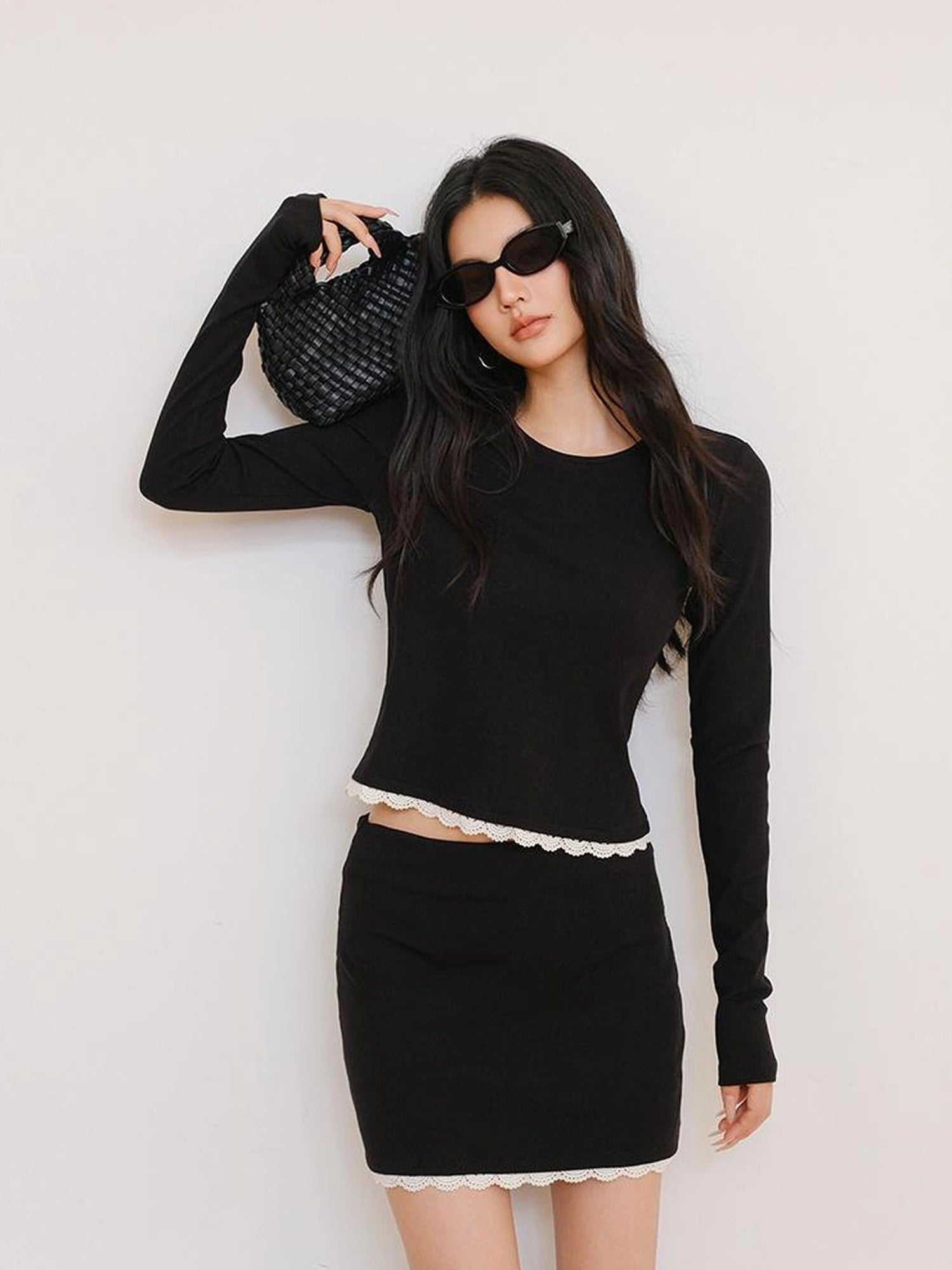 FU FRESH UP French Trim Knit Set V-neck T-shirt Long Sleeve