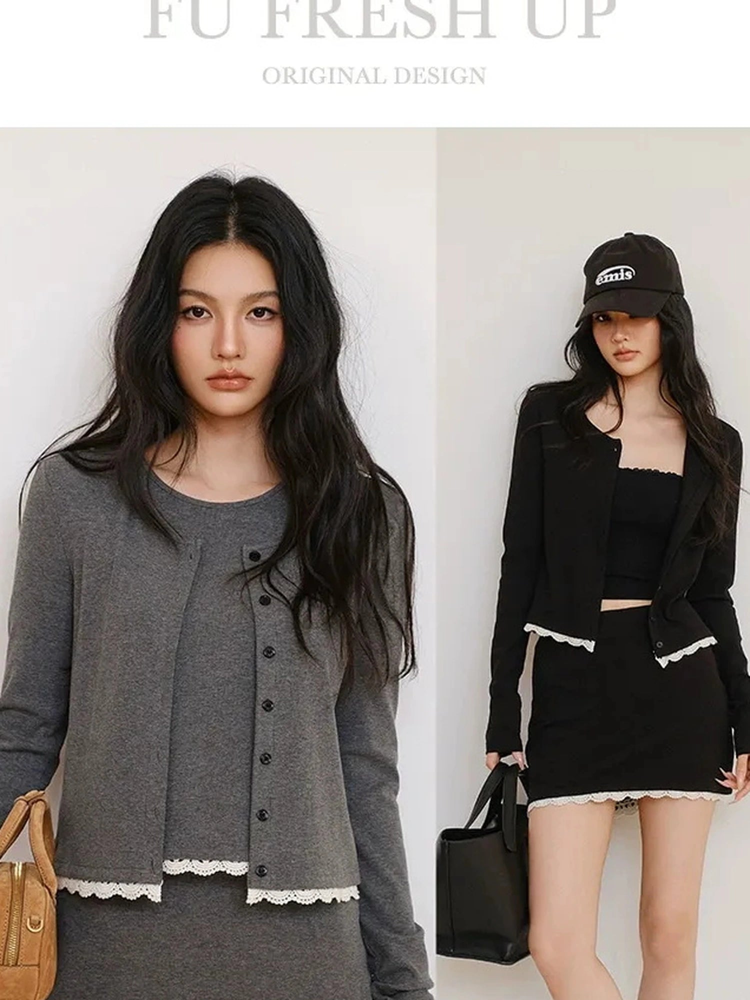 FU FRESH UP French Trim Knit Set V-neck T-shirt Long Sleeve