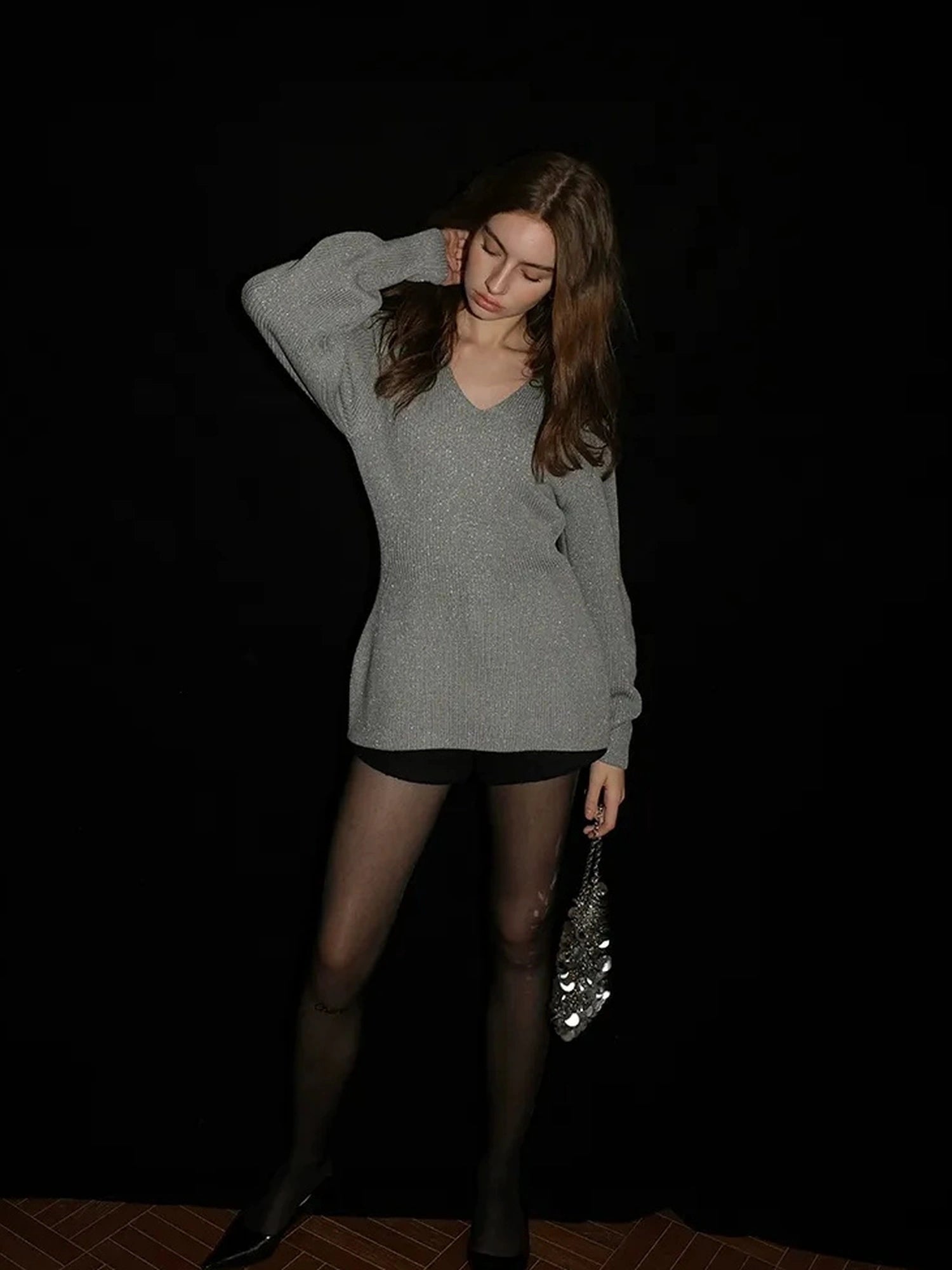 French V-neck Cashmere Glitter Fitted Sweater