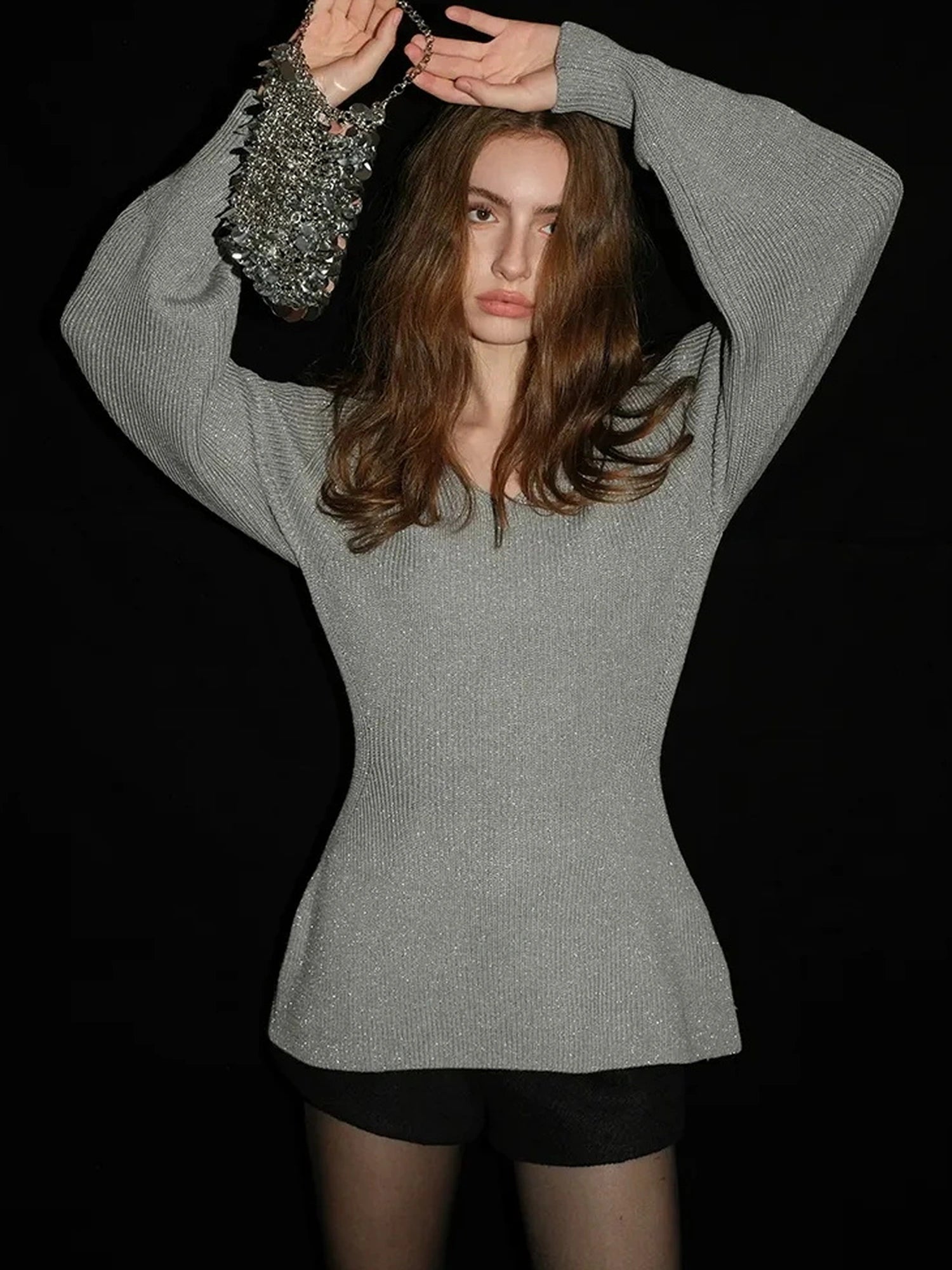 French V-neck Cashmere Glitter Fitted Sweater