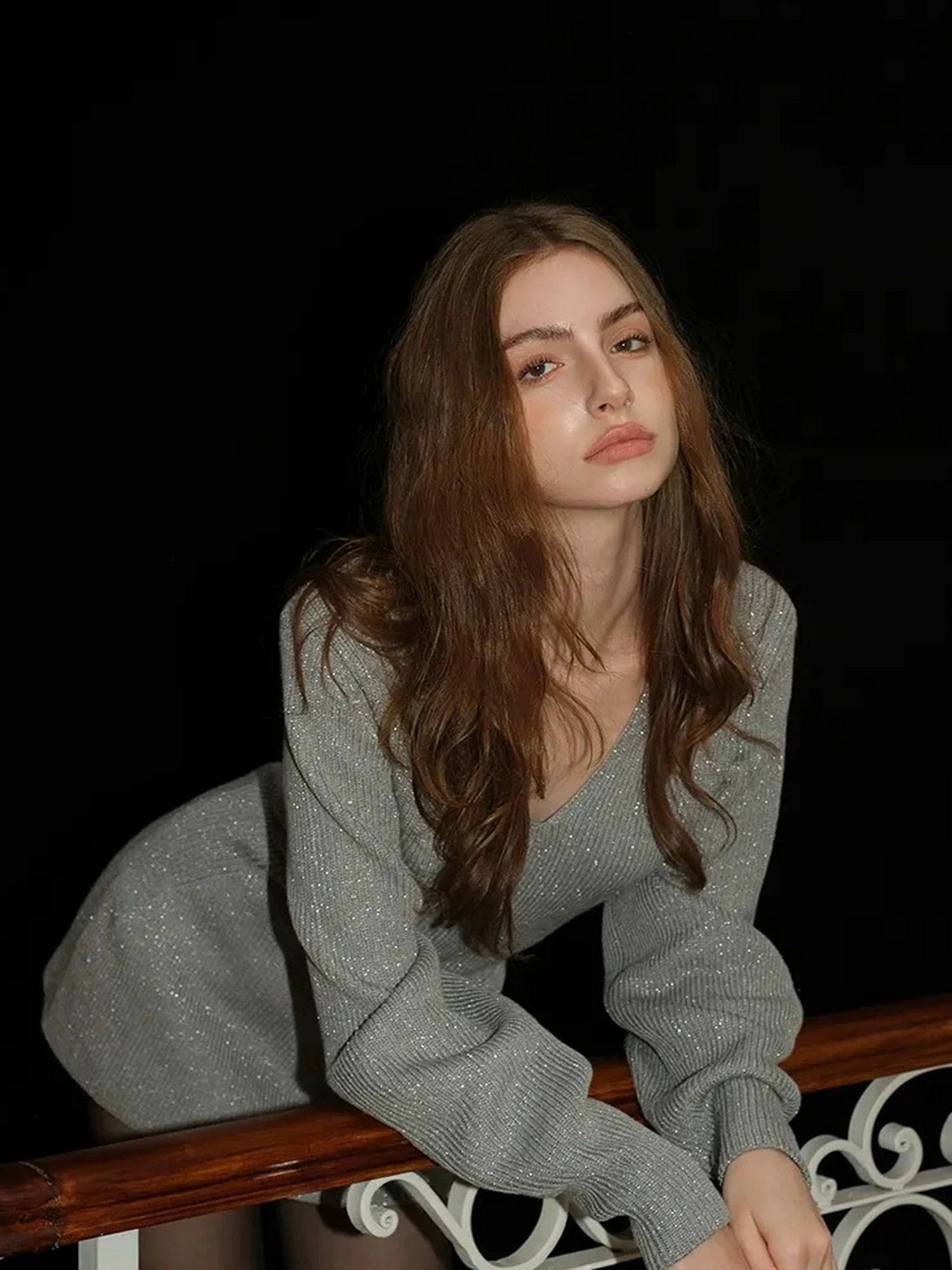 French V-neck Cashmere Glitter Fitted Sweater