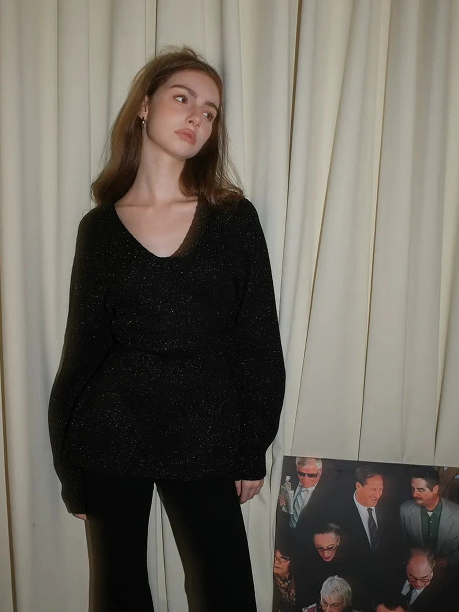 French V-neck Cashmere Glitter Fitted Sweater
