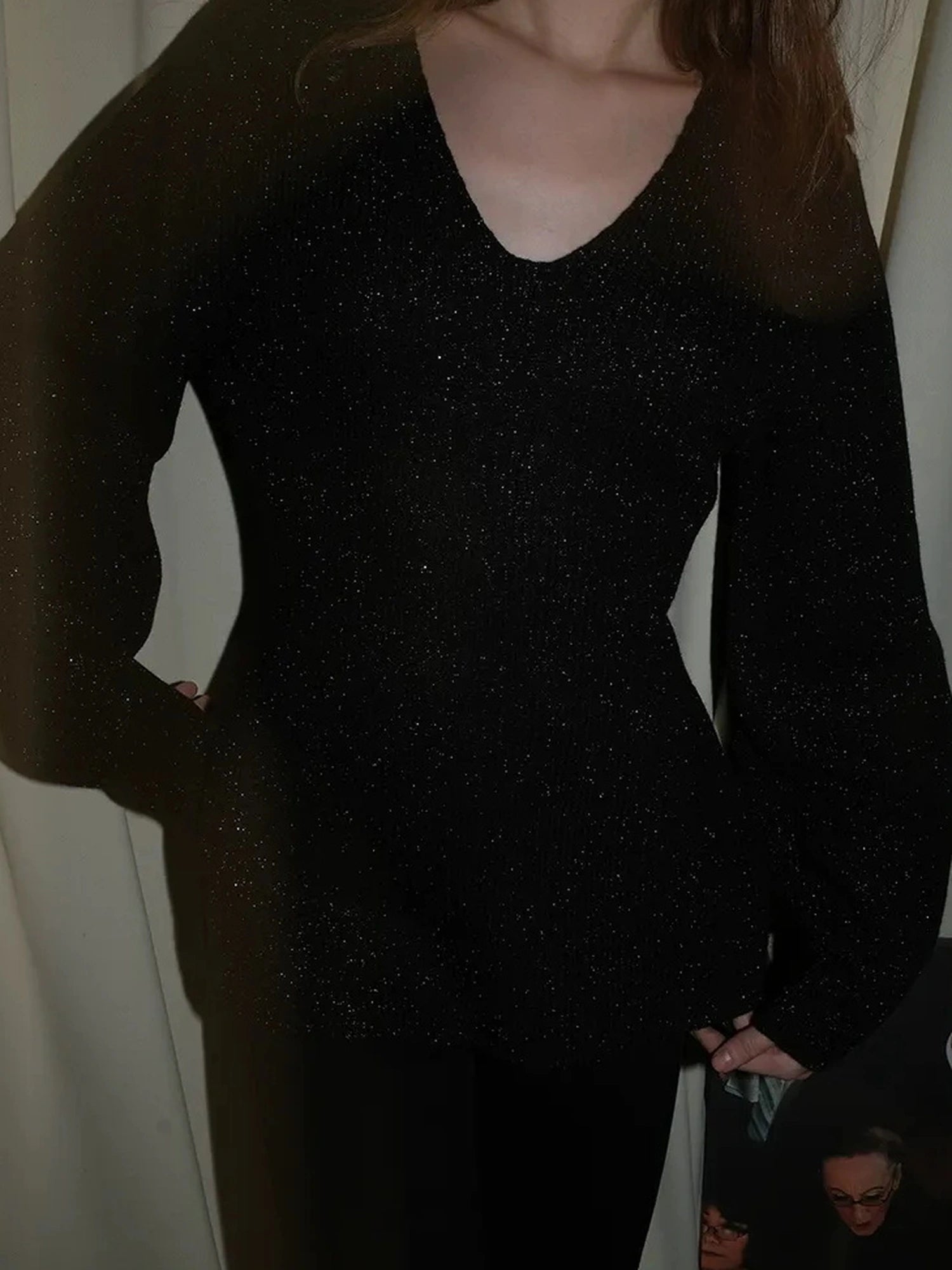French V-neck Cashmere Glitter Fitted Sweater