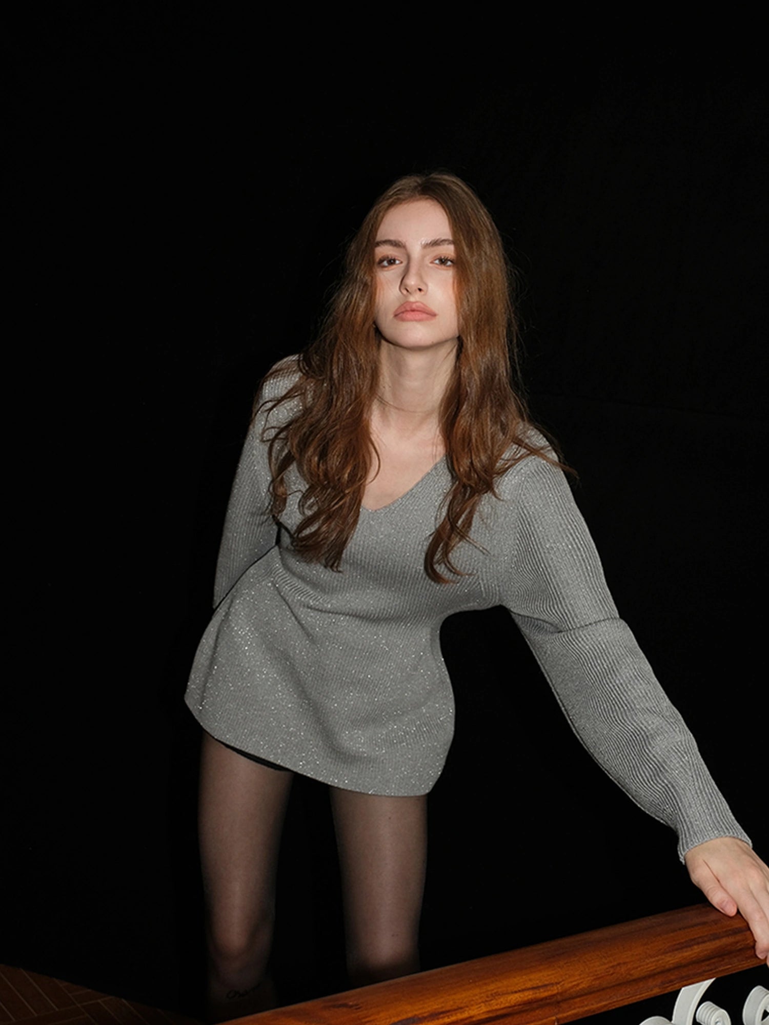 French V-neck Cashmere Glitter Fitted Sweater