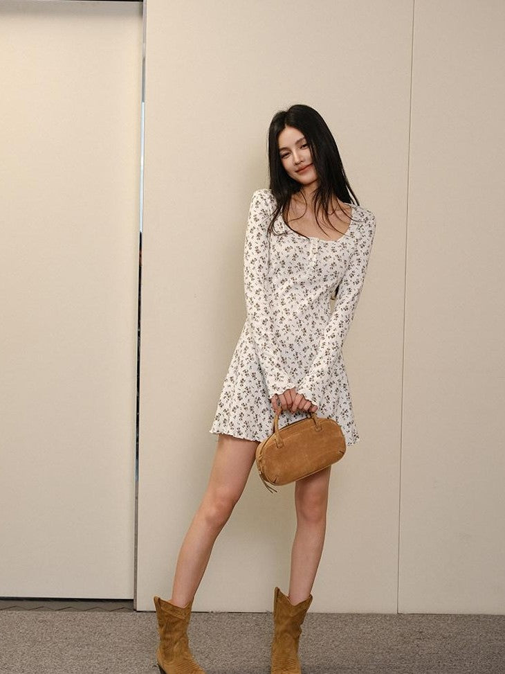 FU FRESH UP French Vintage Floral Print Slim Round Neck Women&