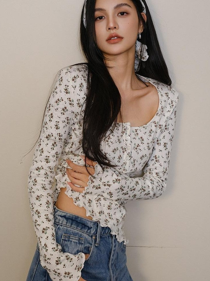 FU FRESH UP French Vintage Floral Print Slim Round Neck Women&