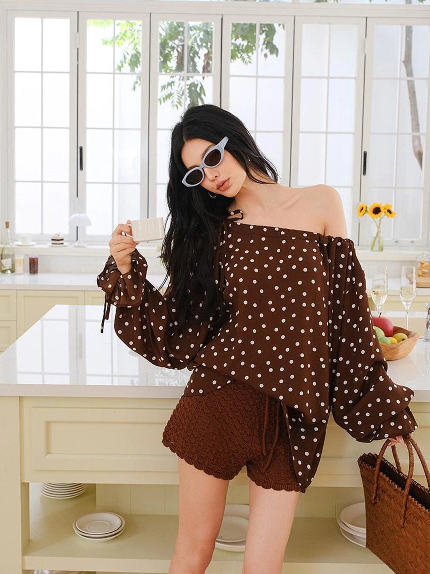 FU FRESH UP French Vintage Polka Dot Adjustable Off Shoulder Blouse