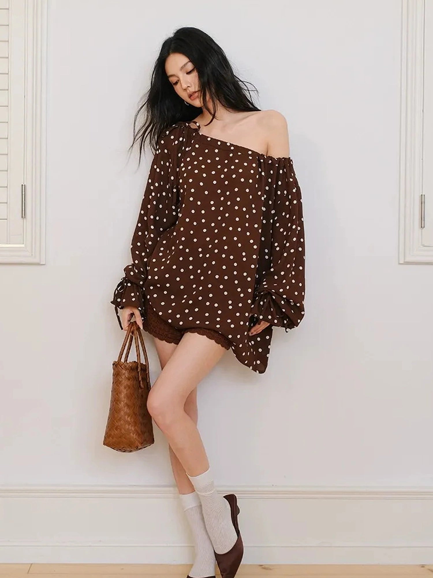 FU FRESH UP French Vintage Polka Dot Adjustable Off Shoulder Blouse