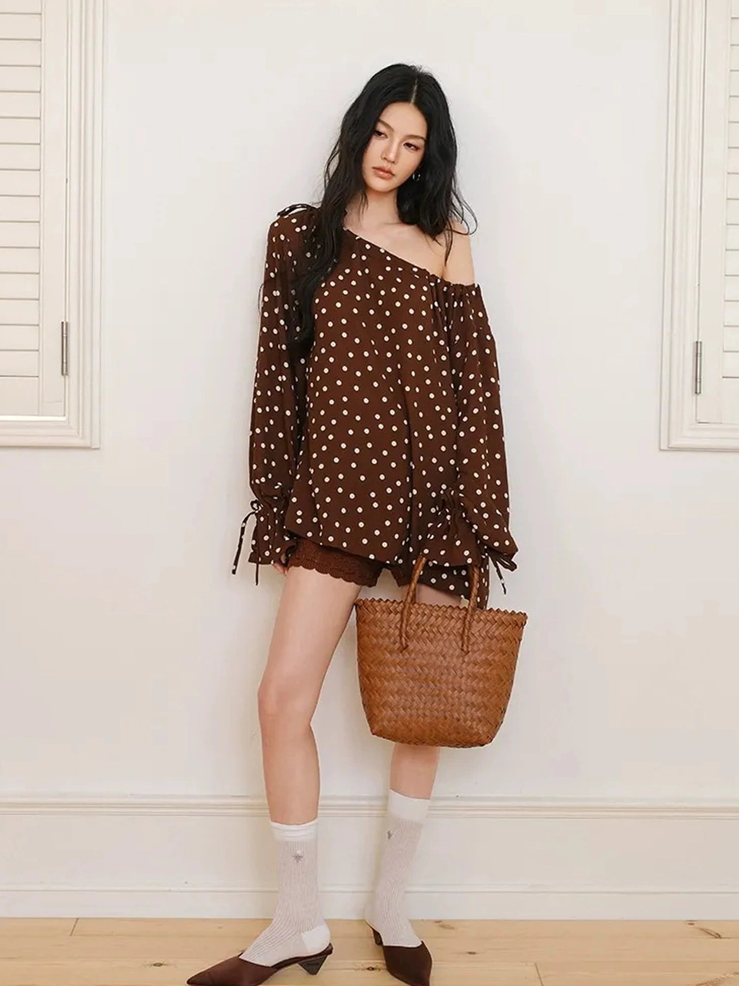 FU FRESH UP French Vintage Polka Dot Adjustable Off Shoulder Blouse