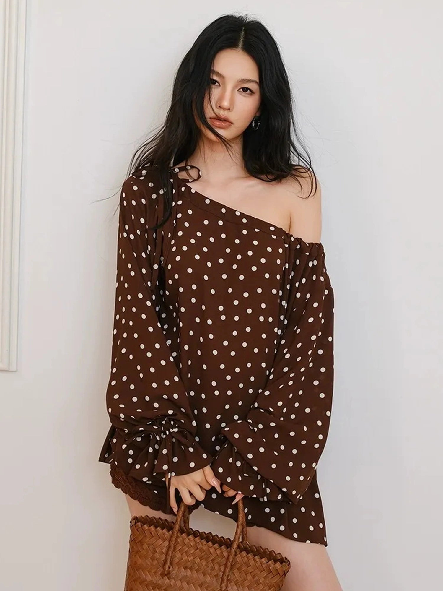 FU FRESH UP French Vintage Polka Dot Adjustable Off Shoulder Blouse