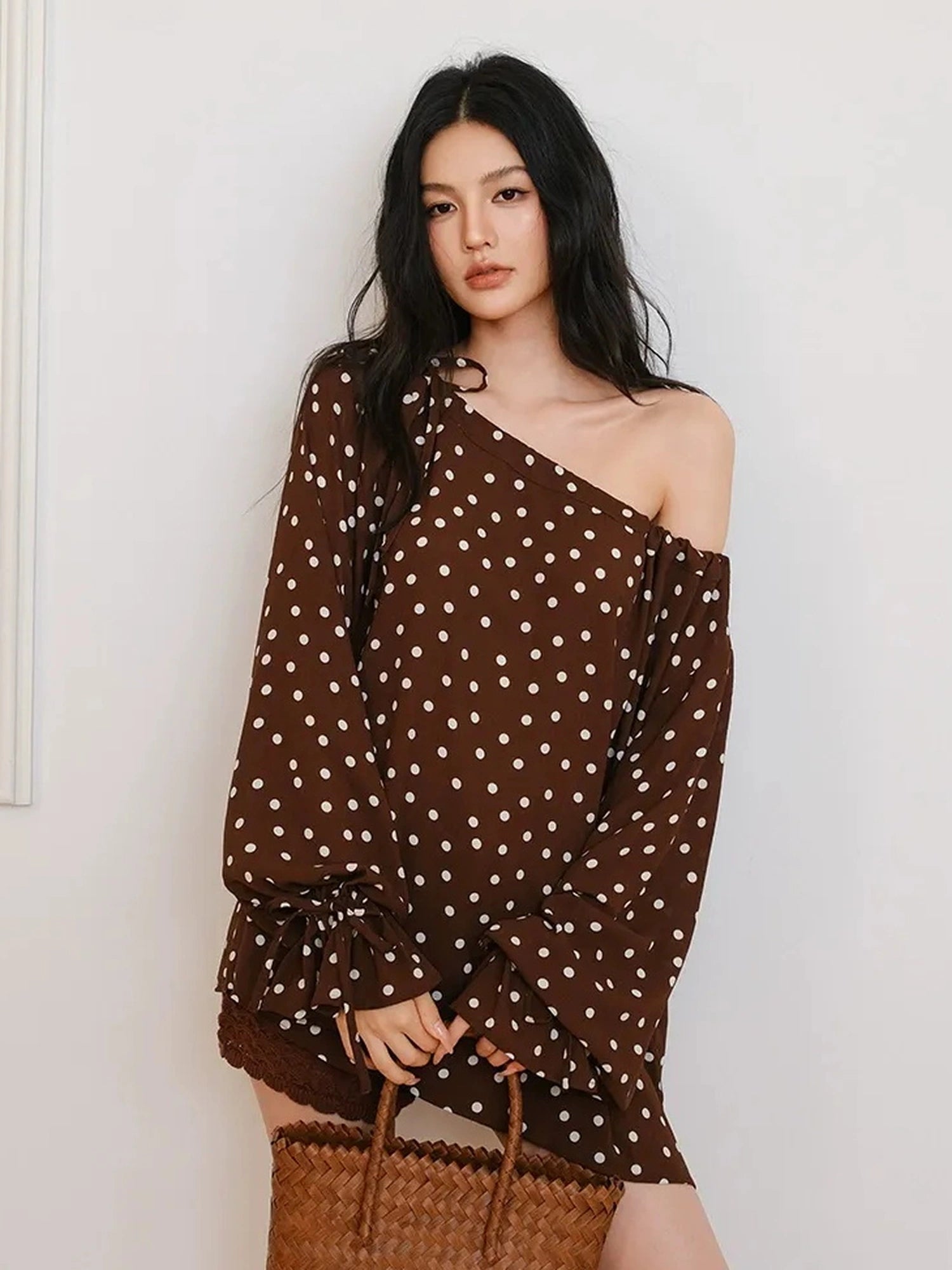 FU FRESH UP French Vintage Polka Dot Adjustable Off Shoulder Blouse