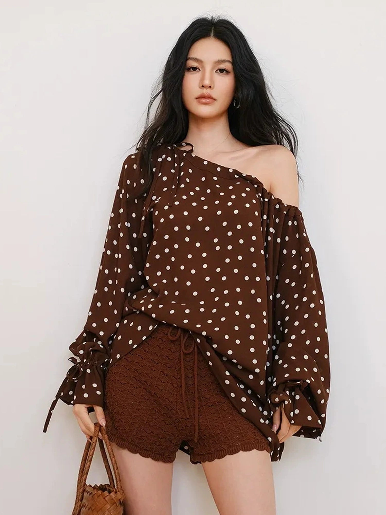 FU FRESH UP French Vintage Polka Dot Adjustable Off Shoulder Blouse