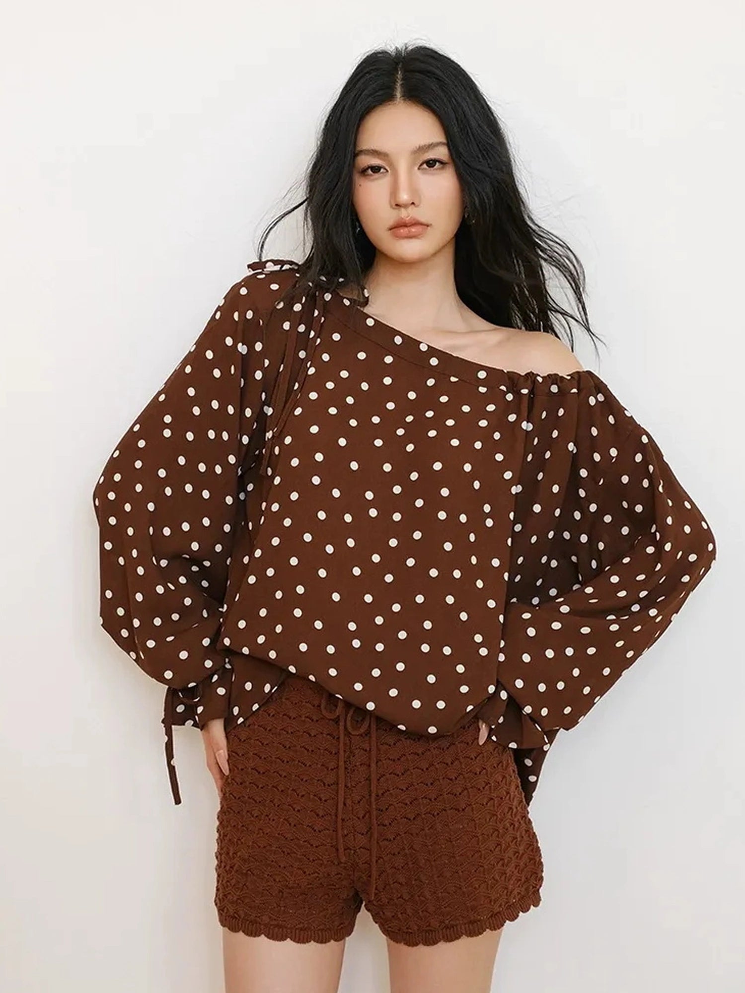 FU FRESH UP French Vintage Polka Dot Adjustable Off Shoulder Blouse