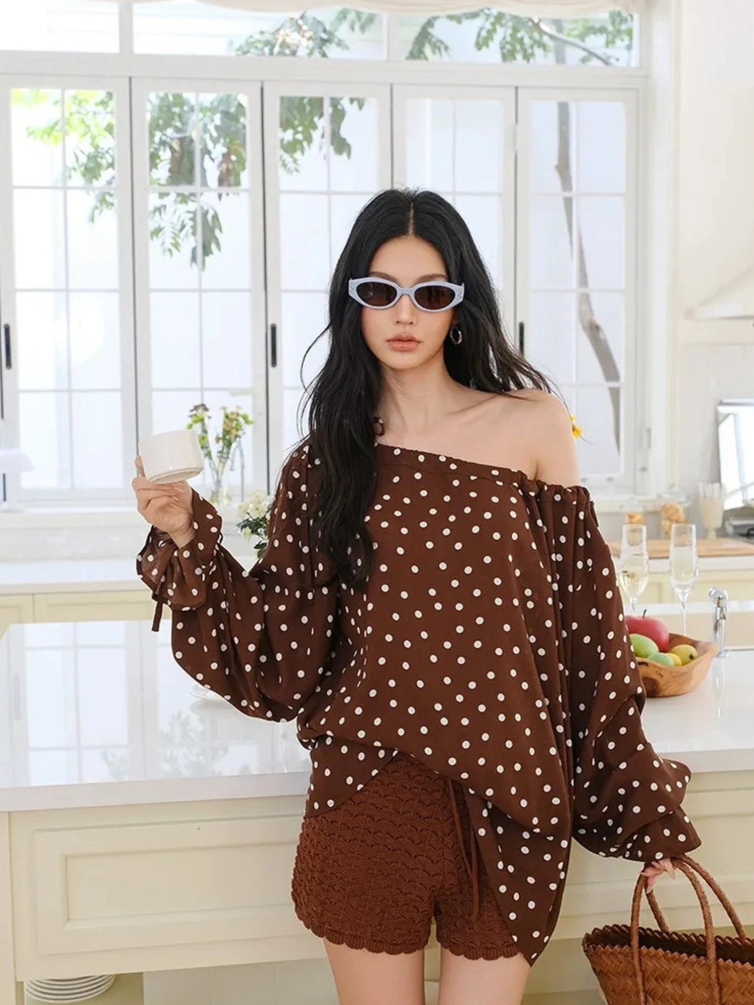 FU FRESH UP French Vintage Polka Dot Adjustable Off Shoulder Blouse