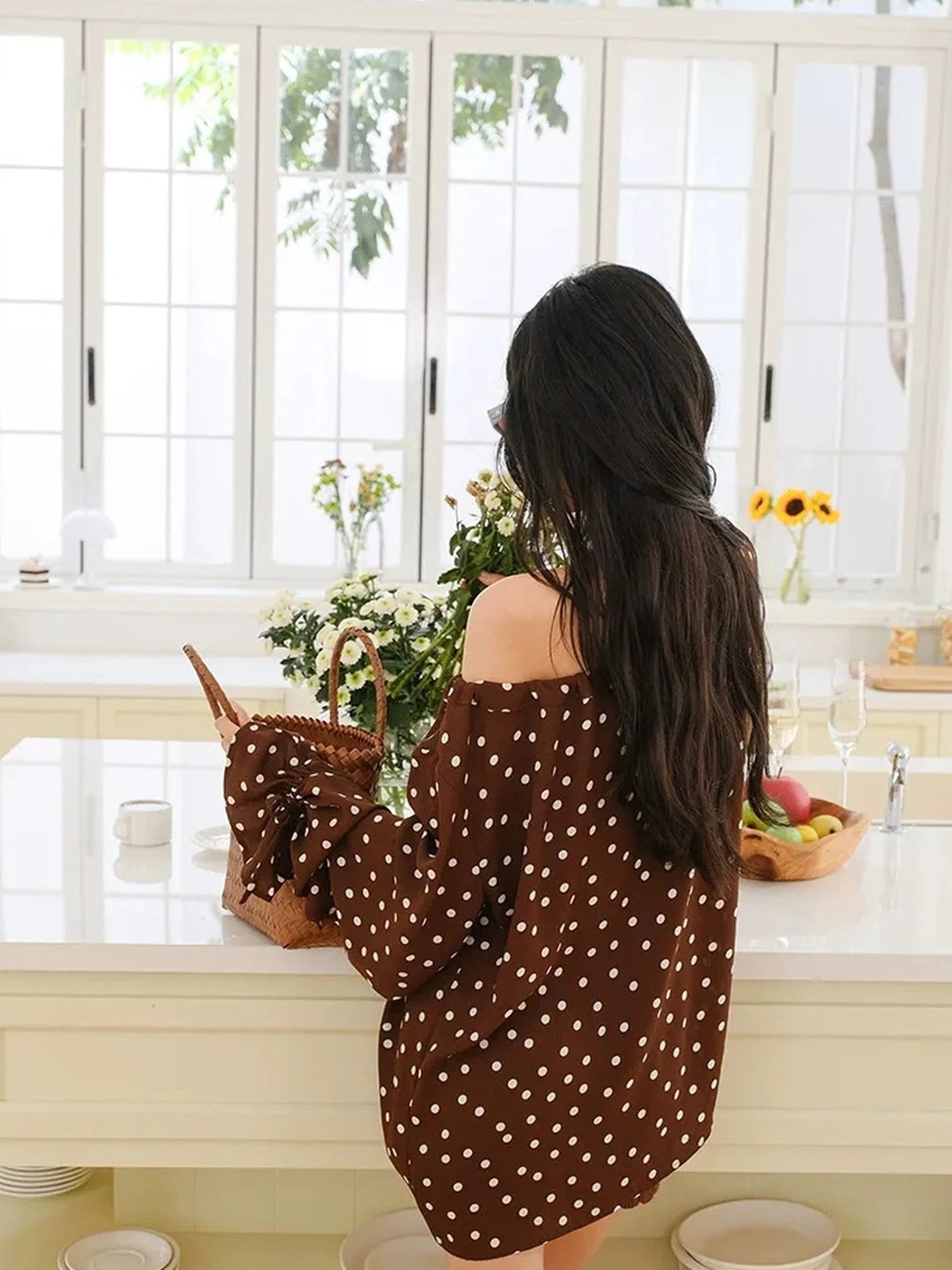 FU FRESH UP French Vintage Polka Dot Adjustable Off Shoulder Blouse