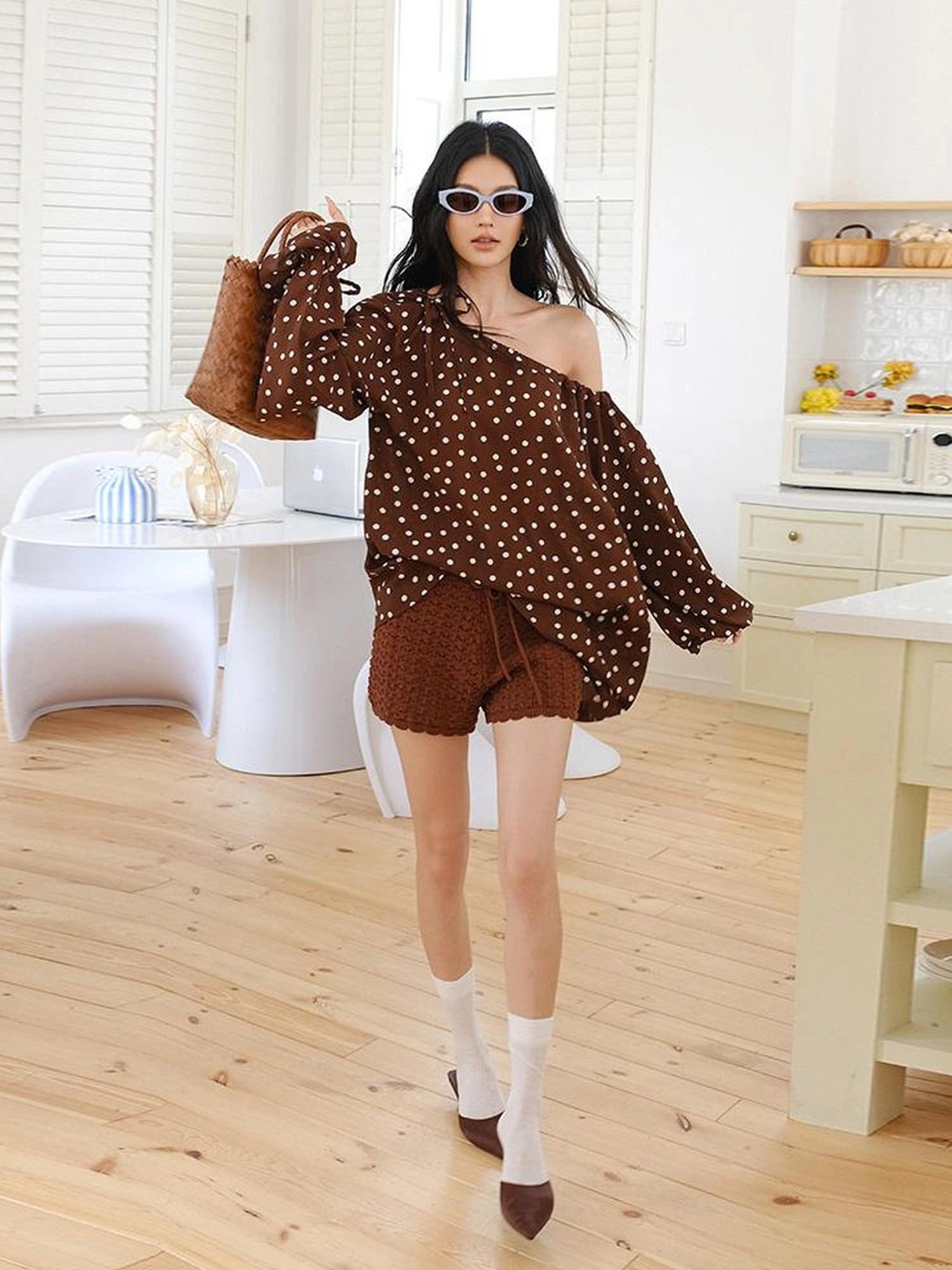 FU FRESH UP French Vintage Polka Dot Adjustable Off Shoulder Blouse