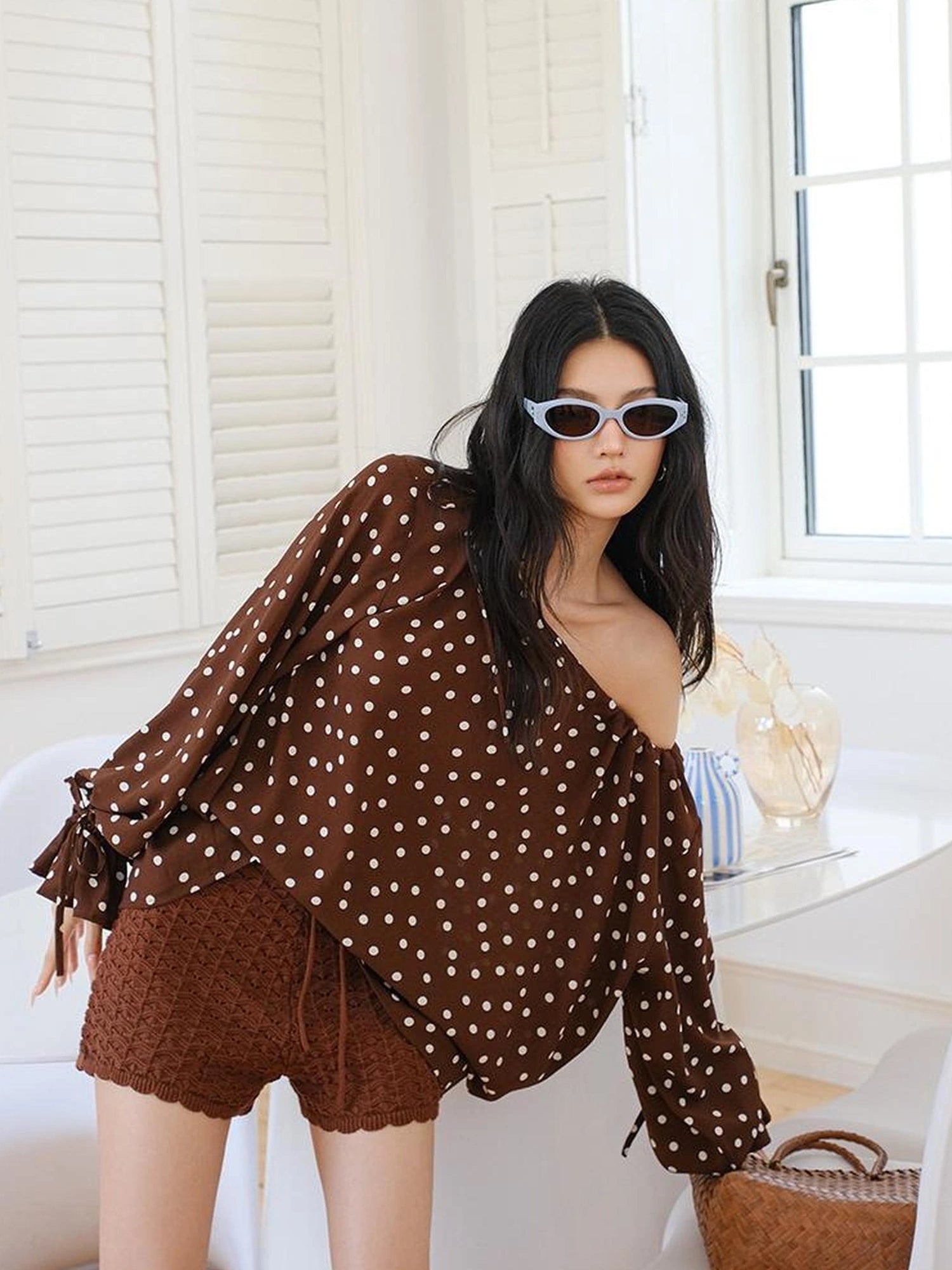 FU FRESH UP French Vintage Polka Dot Adjustable Off Shoulder Blouse