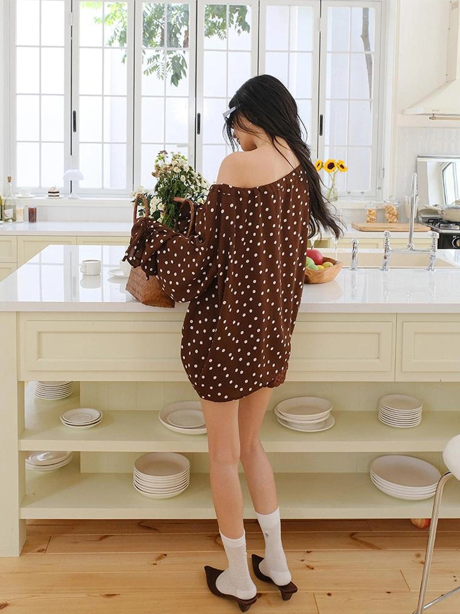FU FRESH UP French Vintage Polka Dot Adjustable Off Shoulder Blouse