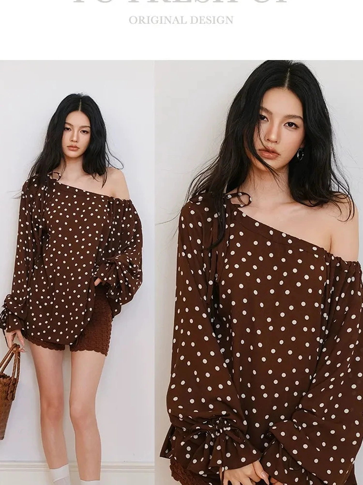 FU FRESH UP French Vintage Polka Dot Adjustable Off Shoulder Blouse