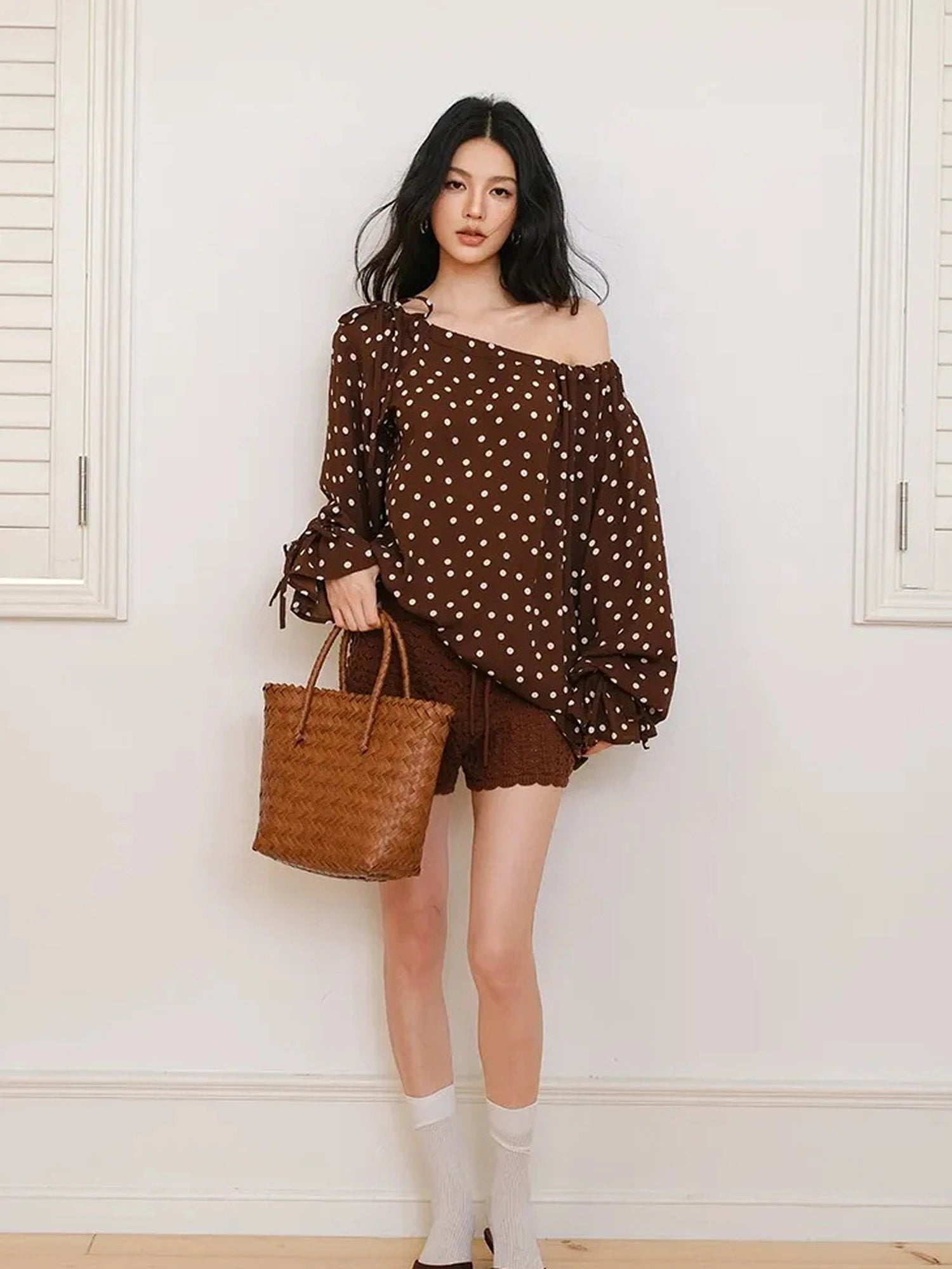 FU FRESH UP French Vintage Polka Dot Adjustable Off Shoulder Blouse