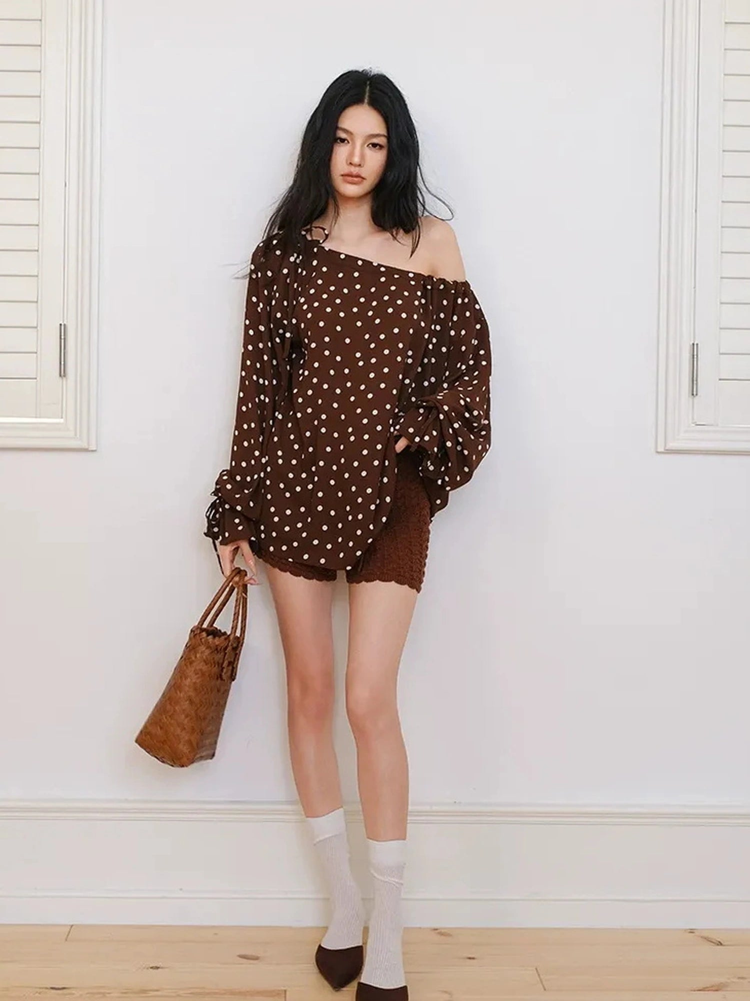 FU FRESH UP French Vintage Polka Dot Adjustable Off Shoulder Blouse